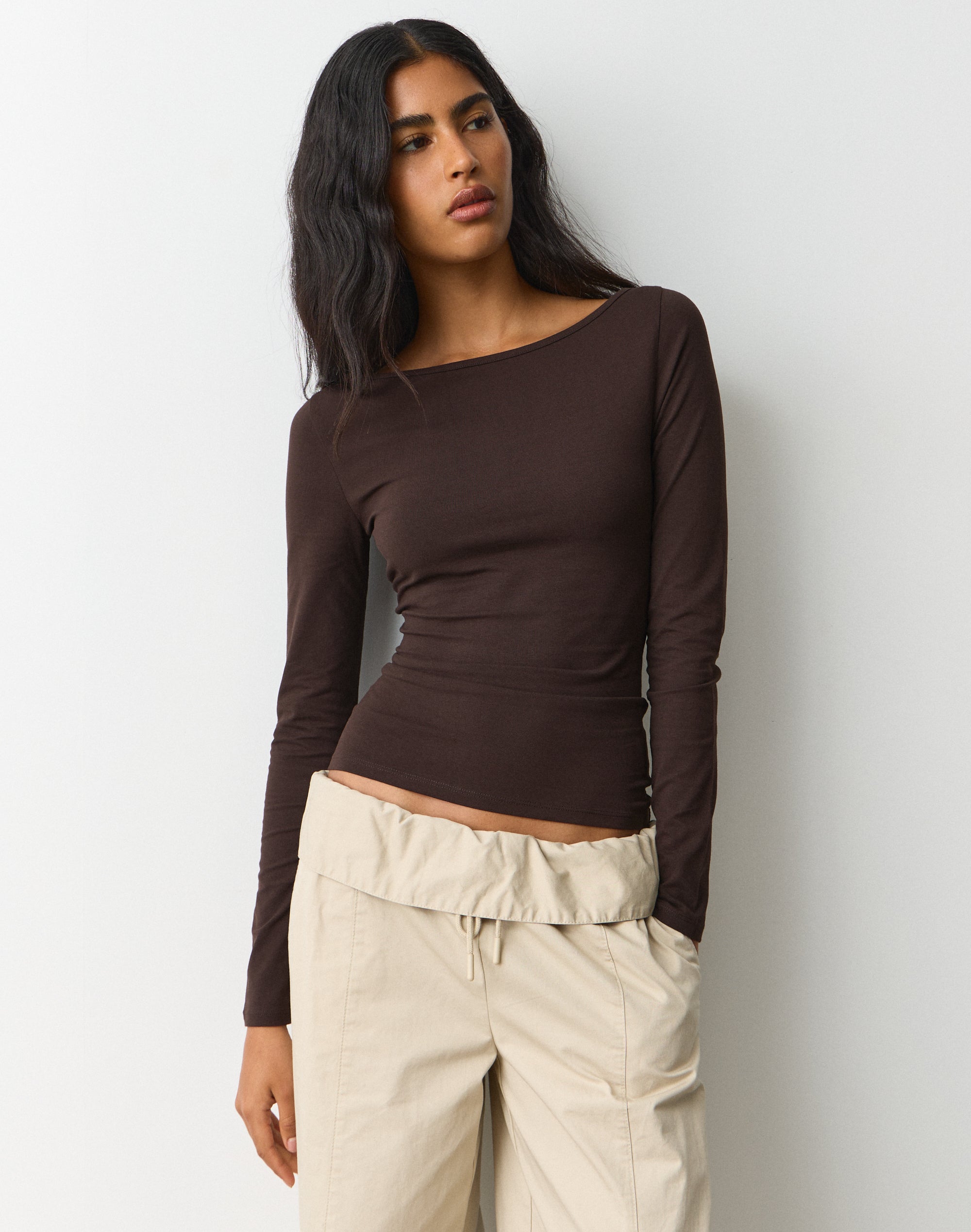 Cotton Boat Neck Long Sleeve Top in Choc It Up | Glassons AU