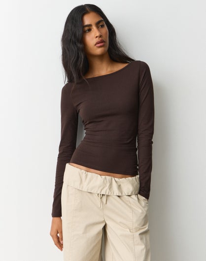 Cotton Boat Neck Long Sleeve Top