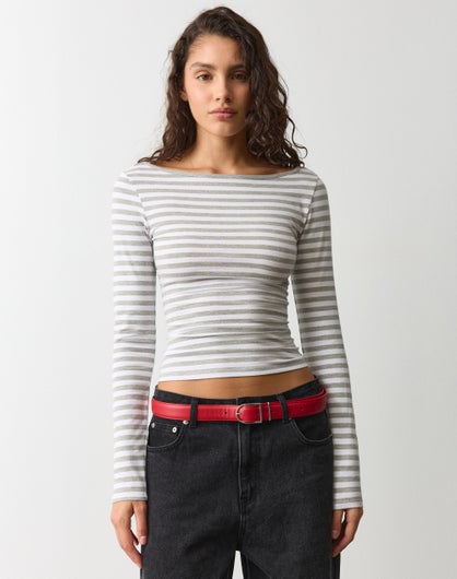 Cotton Boat Neck Long Sleeve Top