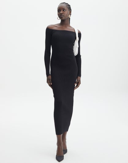 Ribbed Off Shoulder Long Sleeve Maxi Dress in Black | Glassons