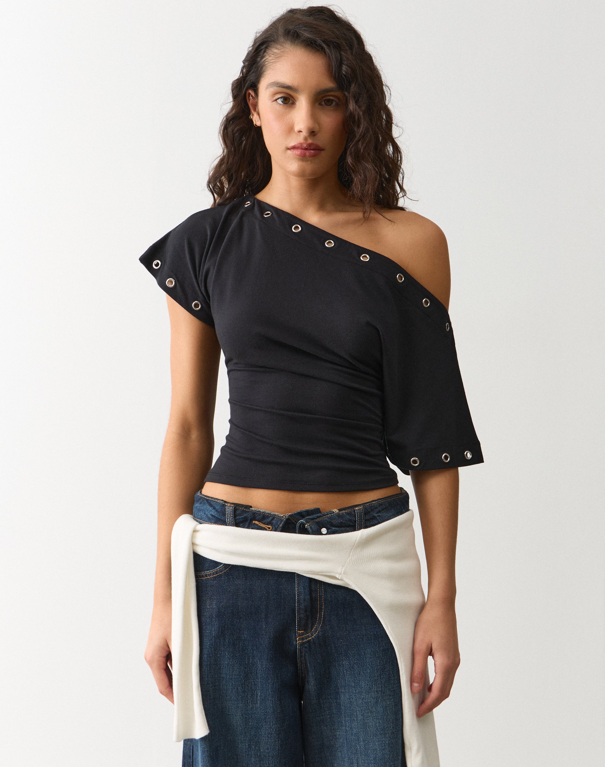 Off Shoulder Eyelet Detail Top in Black | Glassons SG