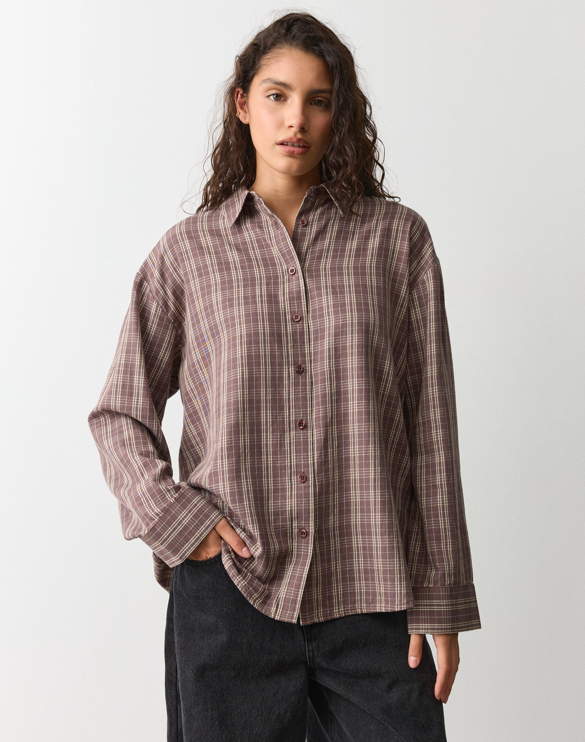 Oversized Boxy Button Up Shirt in Navy Cool Babushka Check
