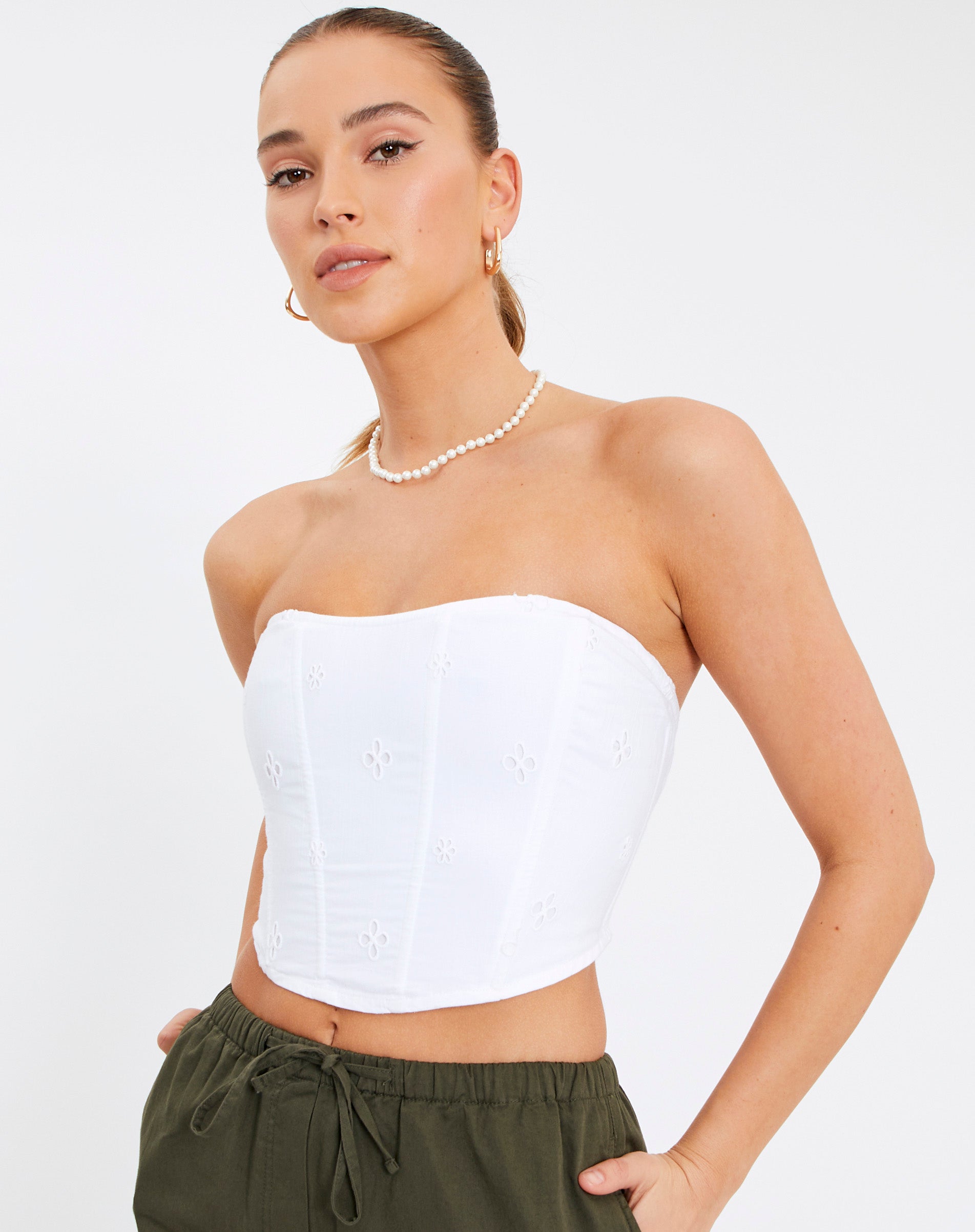 Strapless Broderie Corset Top in White | Glassons