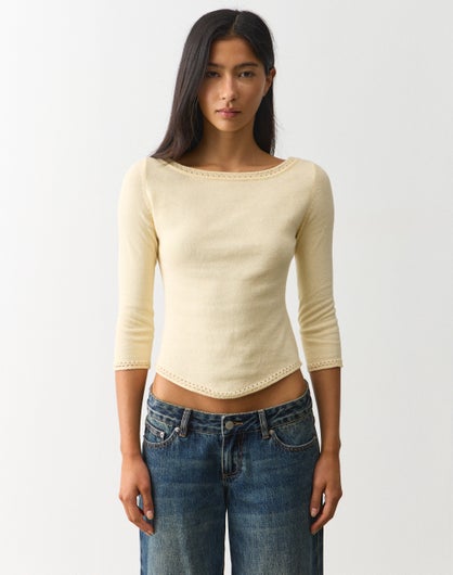 Pointelle Boat Neck Knit Top