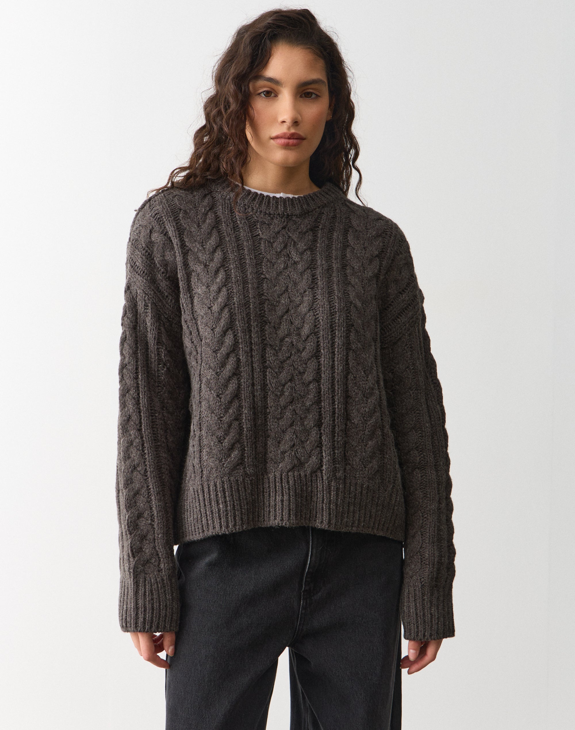 Crew Neck Cable Knit Jumper in Charcoal Marle | Glassons US