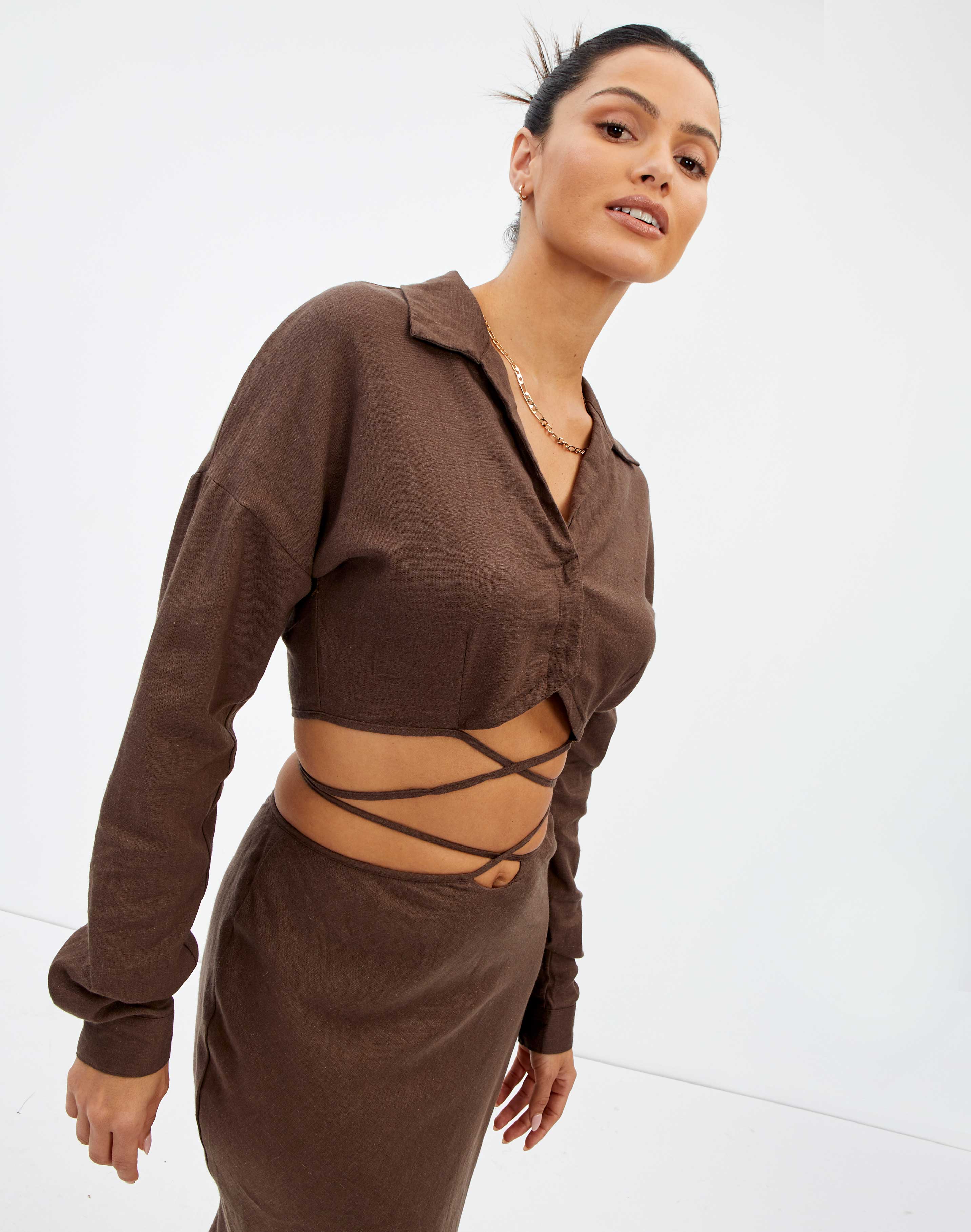 Linen Tie Wrap Shirt in Brown | Glassons