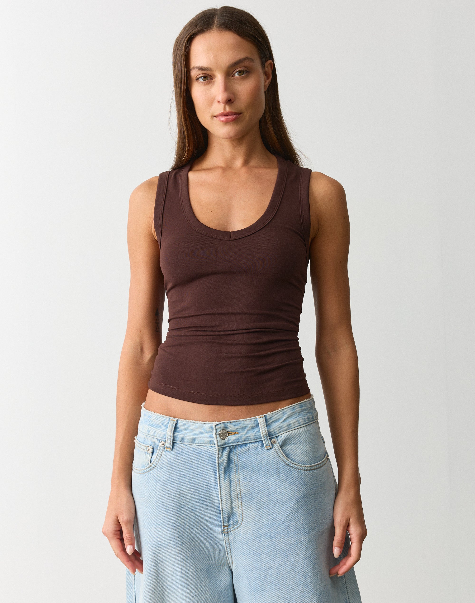High Boat Neck Fitted Tank in Fudge Fantasy | Glassons US
