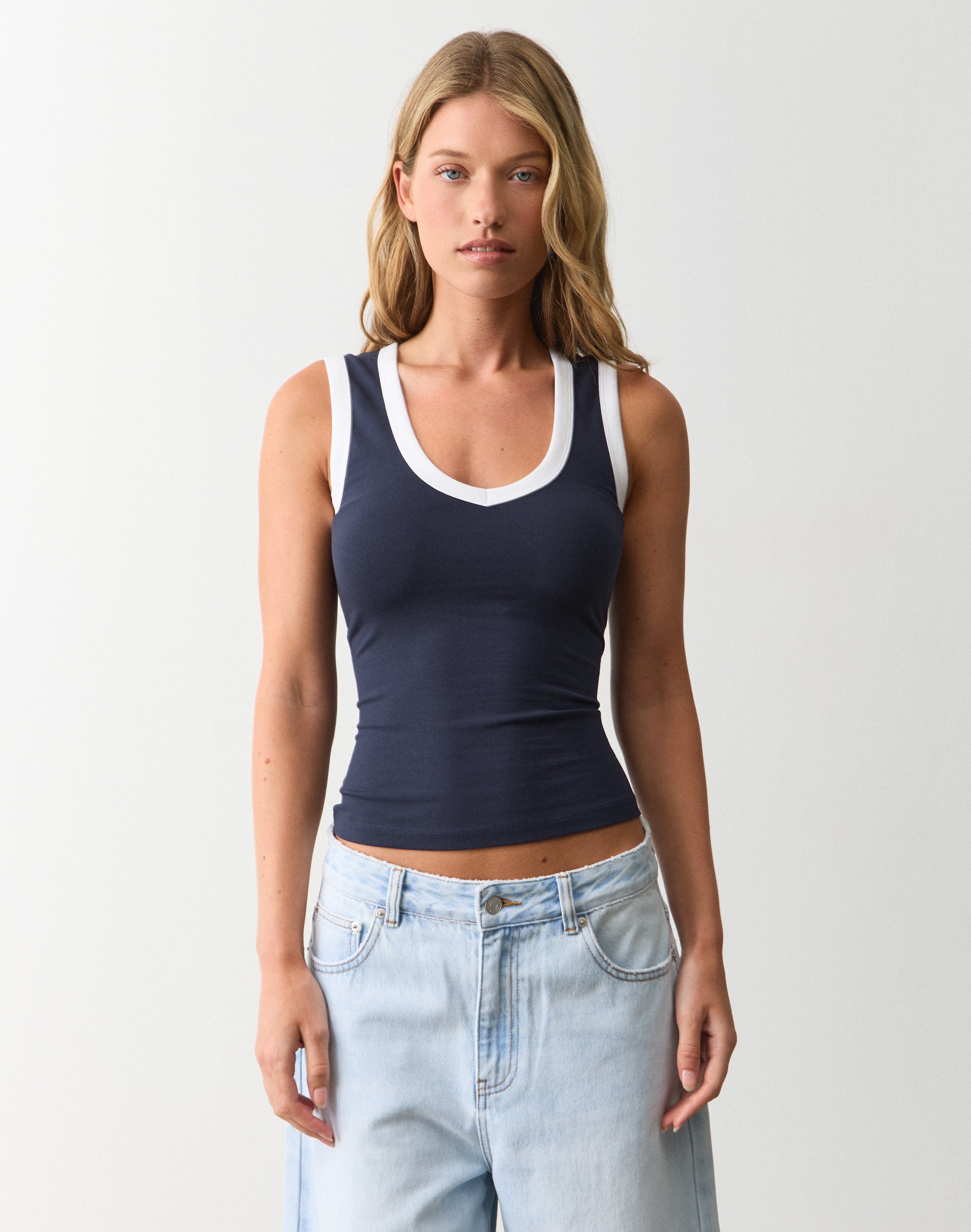 V Neck Cotton Tank Top in Navy X White | Glassons US