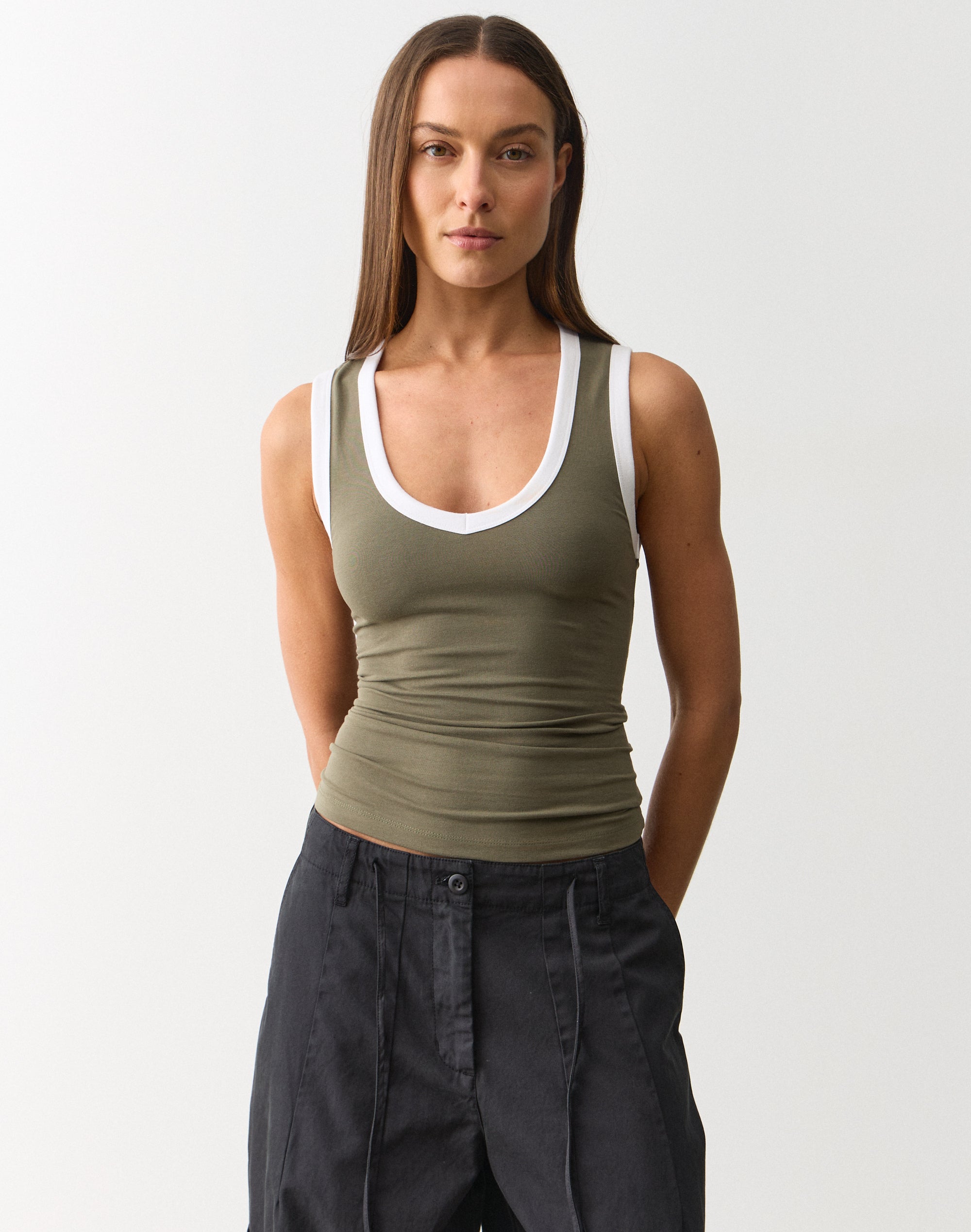 V Neck Cotton Tank Top in Safari X White | Glassons SG