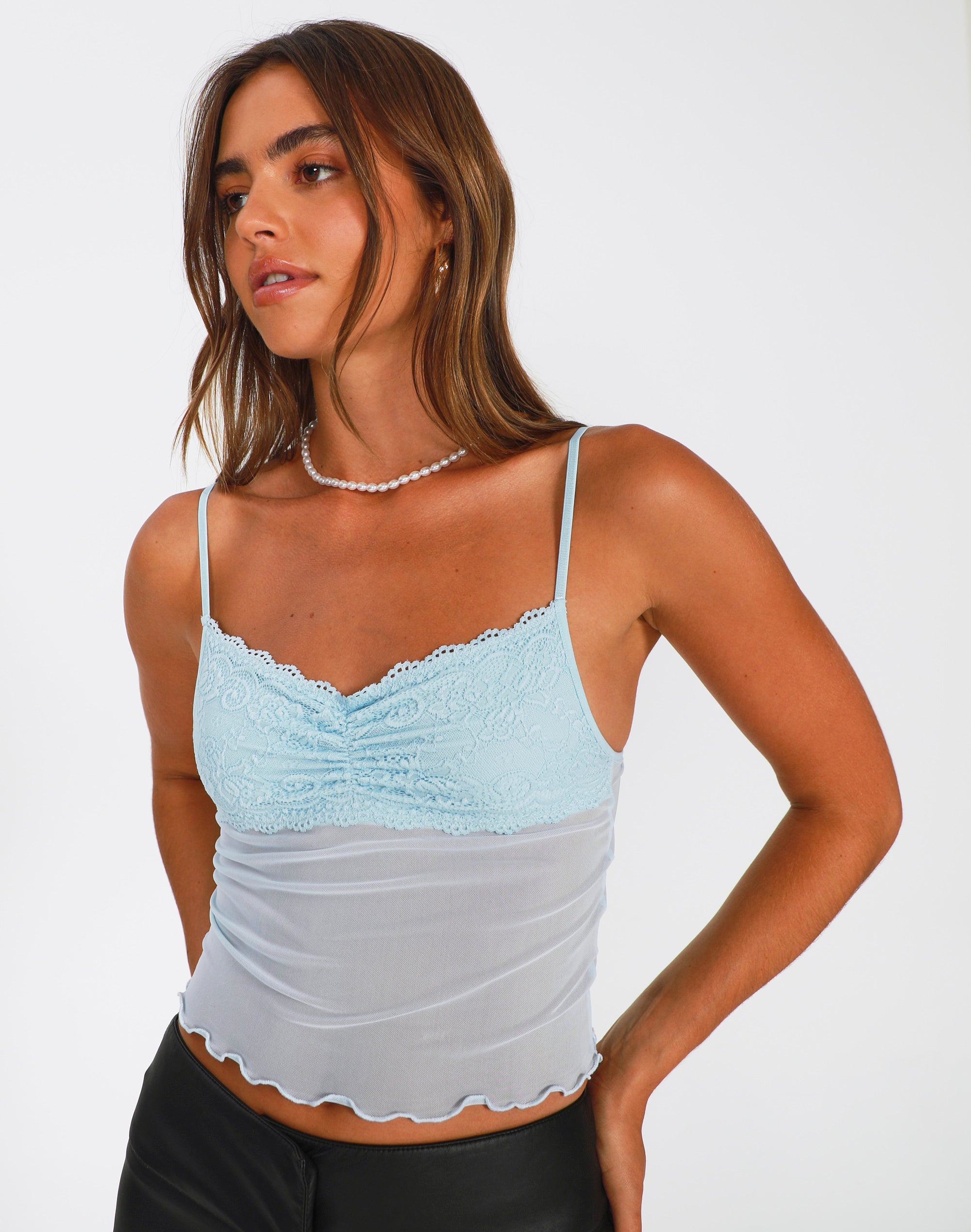Ruched Lace Mesh Cami in Put Things On Ice