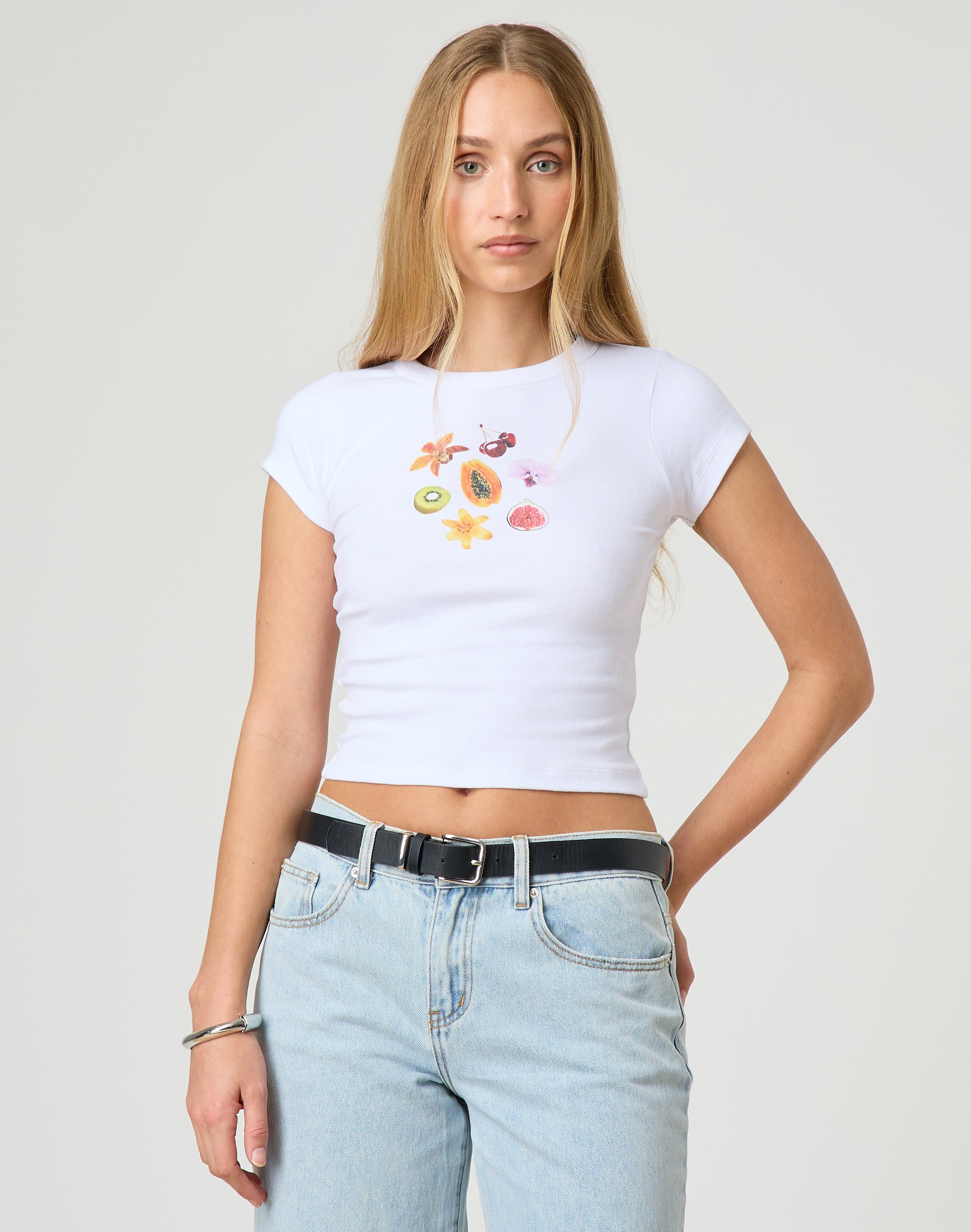 white graphic crop top