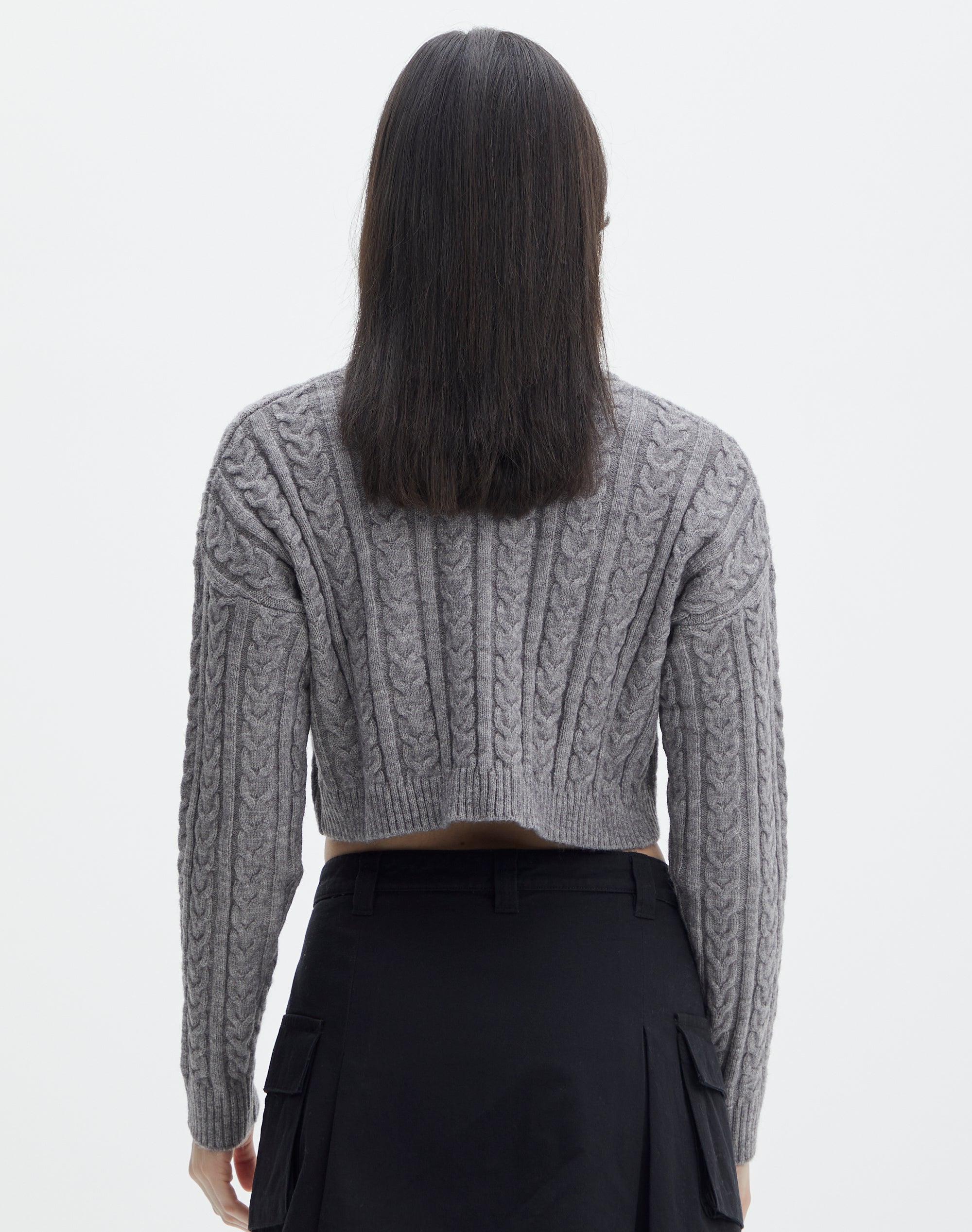 Cable Knit Long Sleeve Crop Top in Grey 