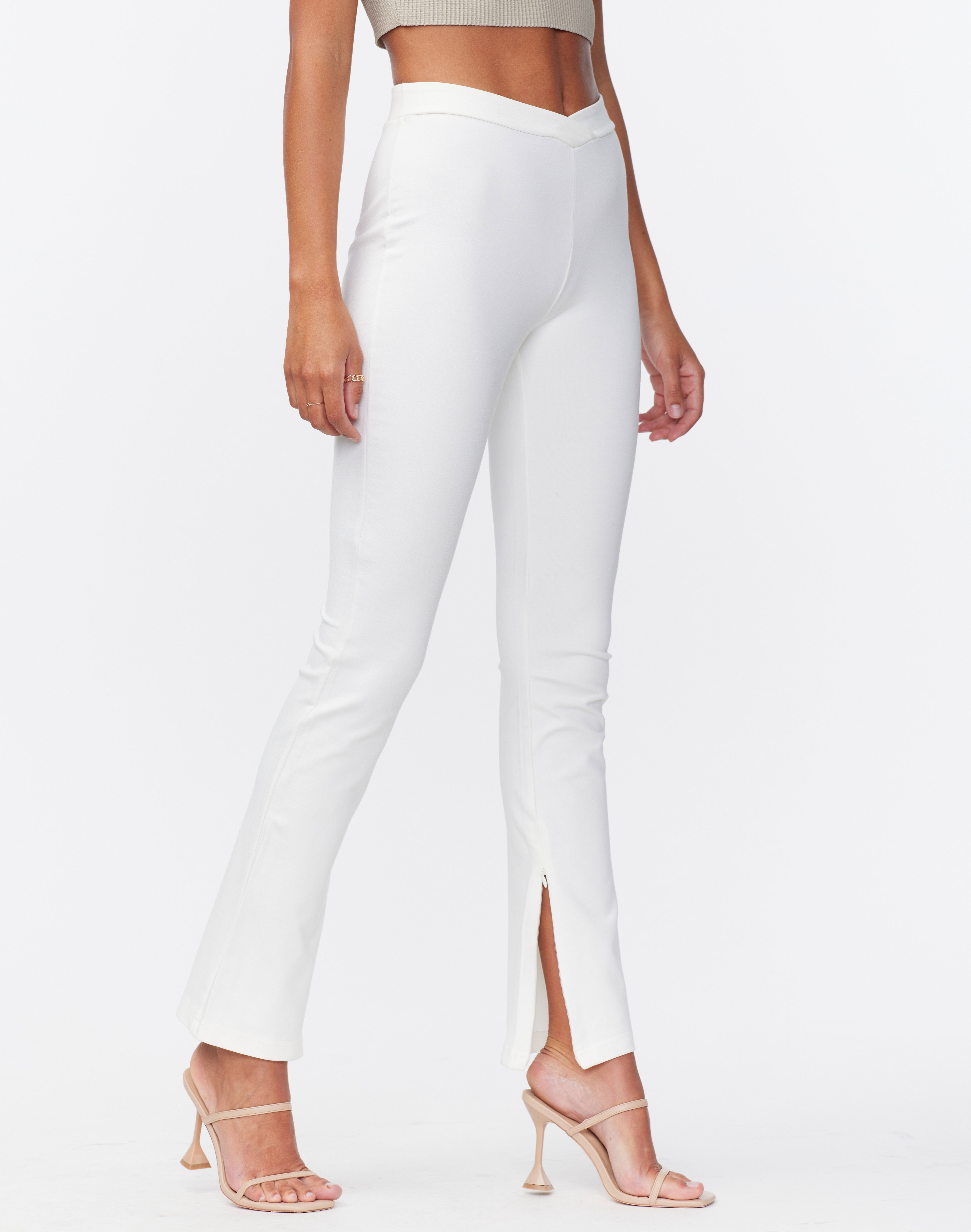 V Front Side Split Ponte Pant in White 