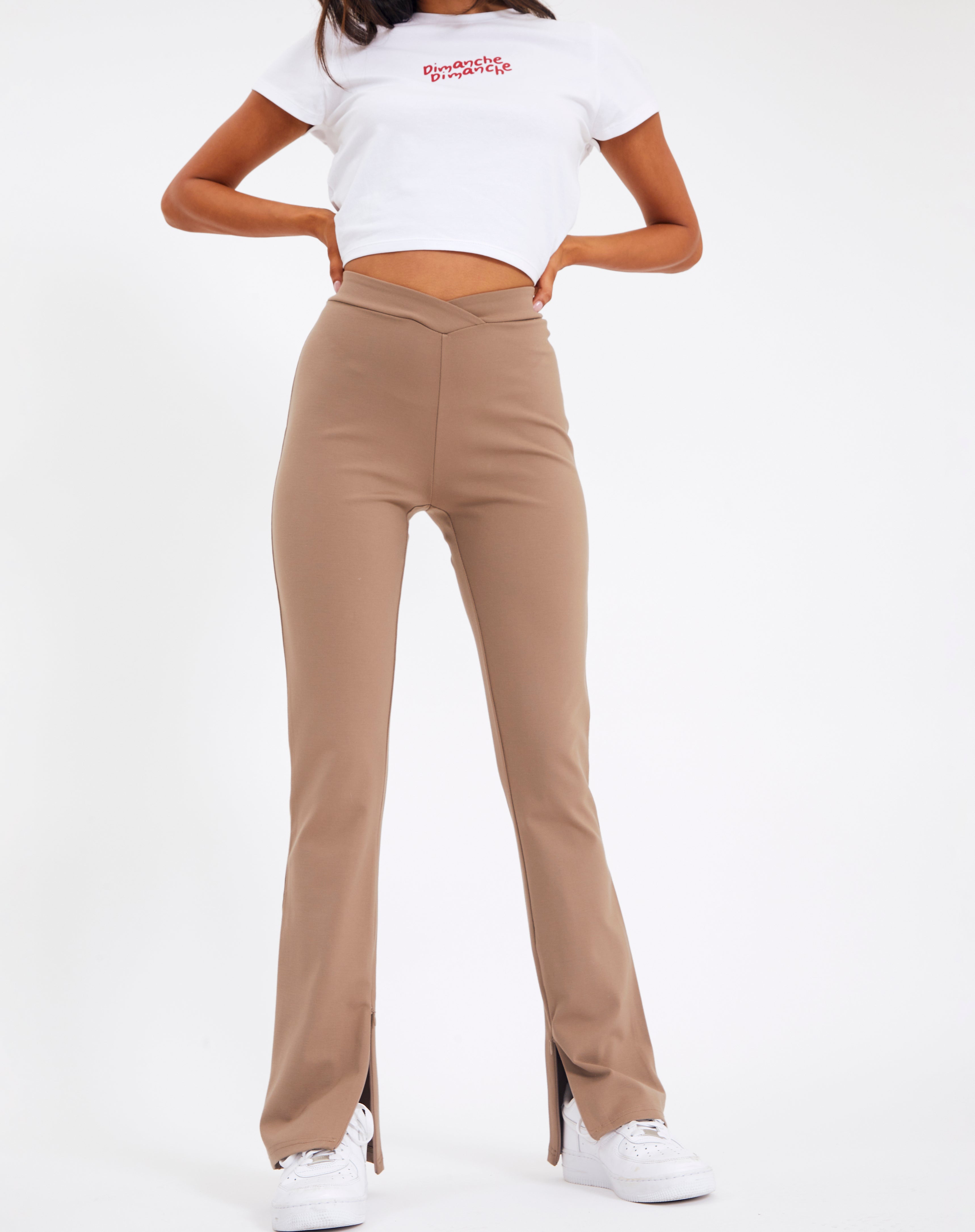 V Front Side Split Ponte Pant in Brown 