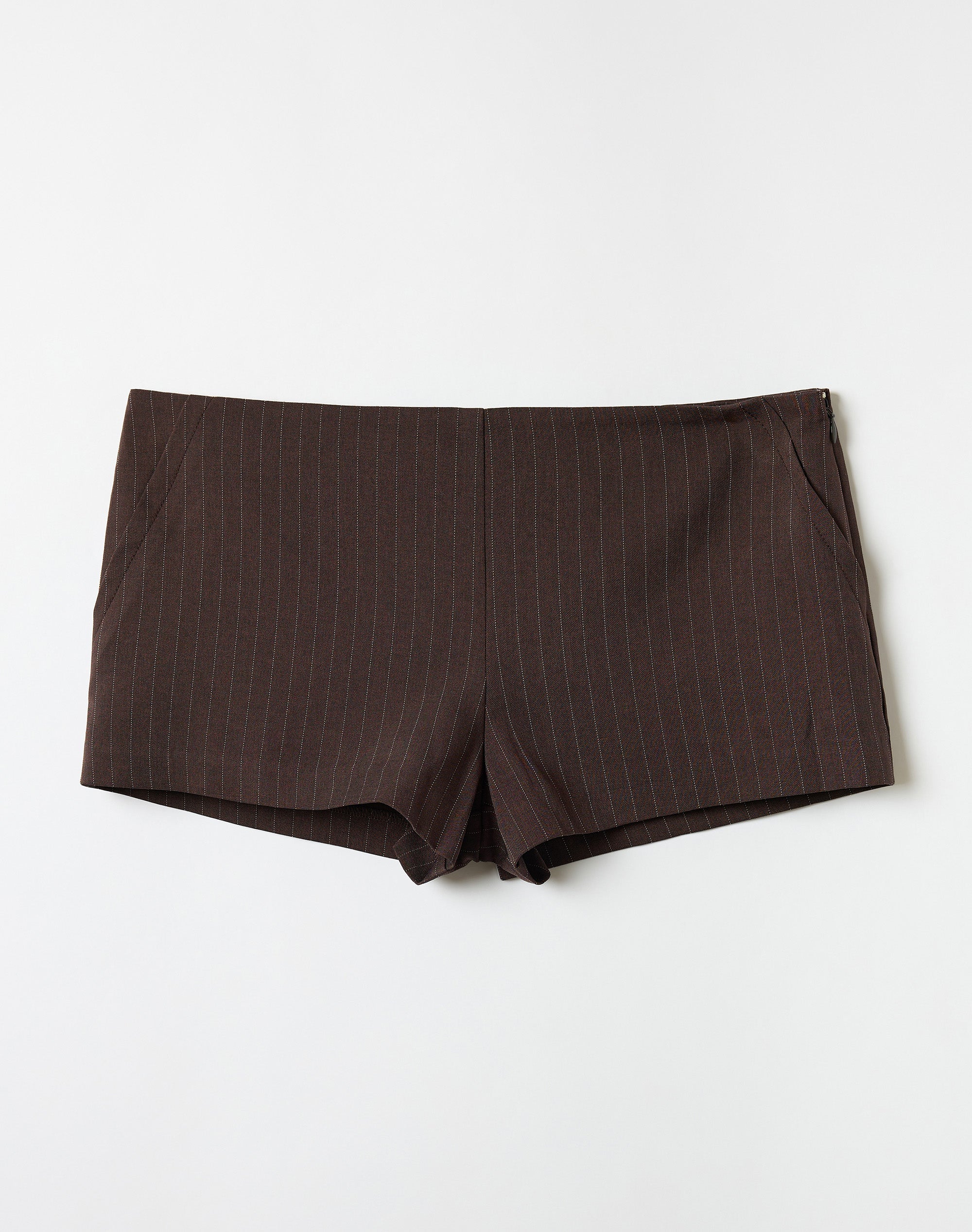 Pinstripe Low Rise Tailored Mini Short in Chocolate Pinstripe