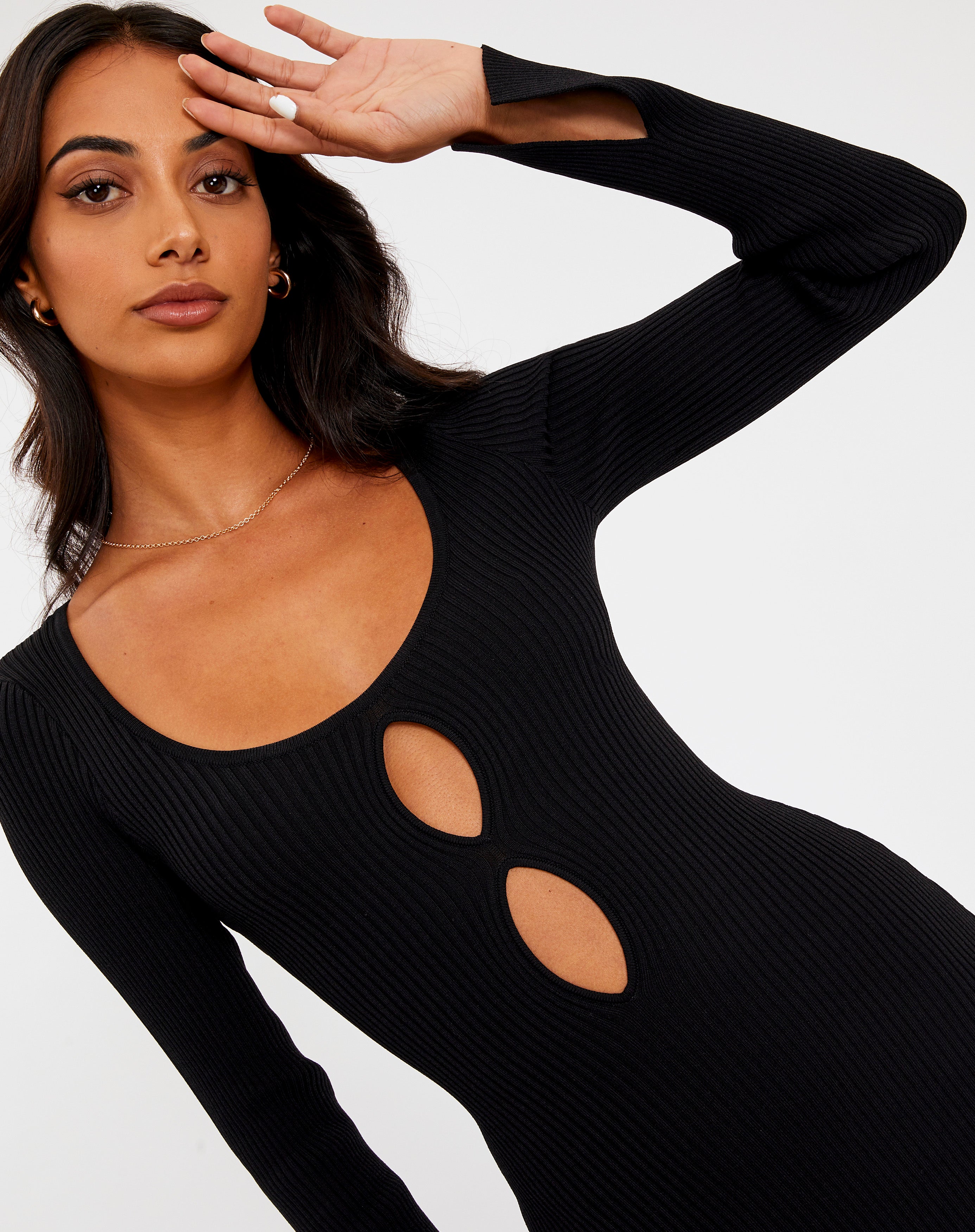 Cut Out Long Sleeve Knit Maxi Dress in 