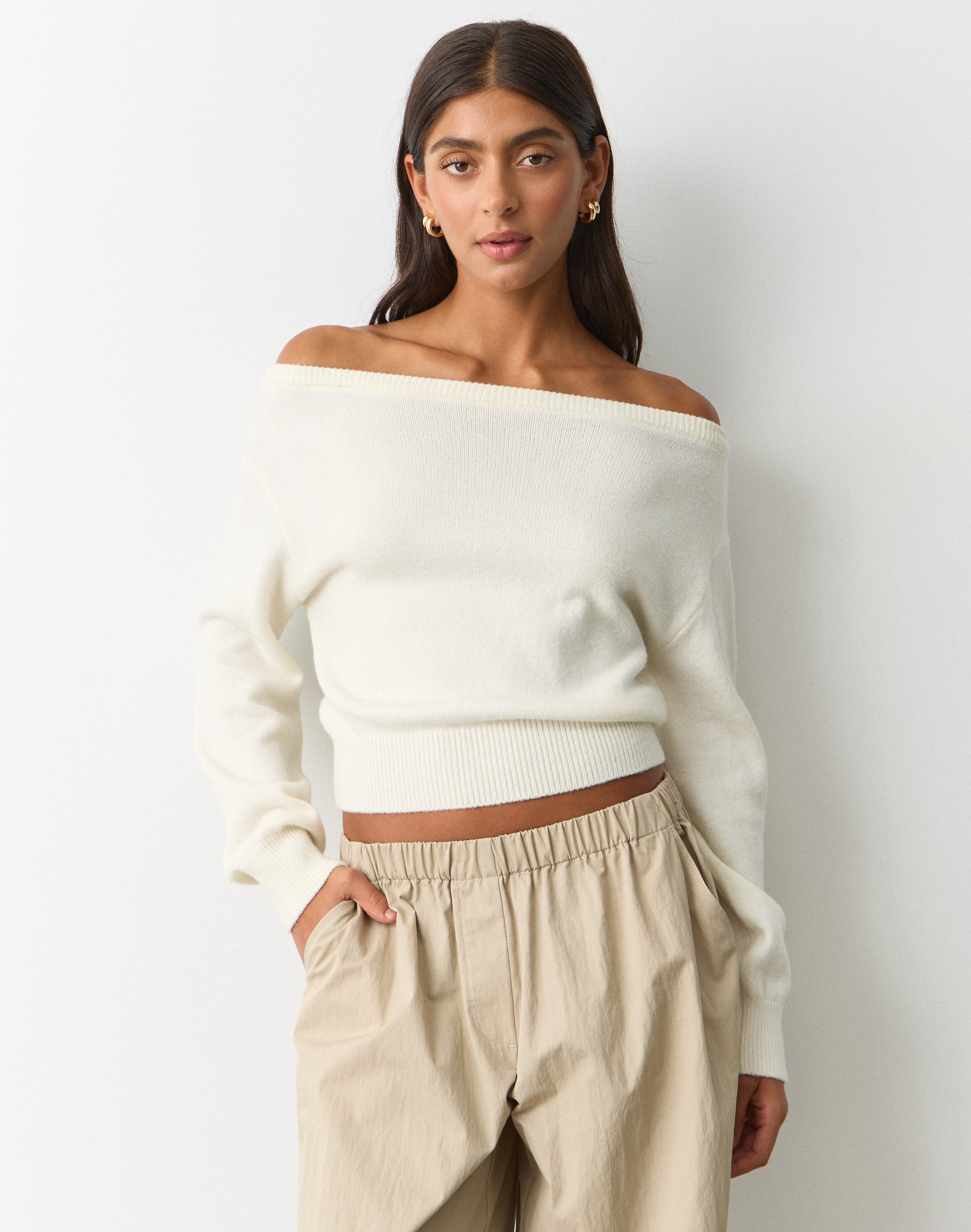 Off Shoulder Long Sleeve Knit Top in Milk | Glassons AU