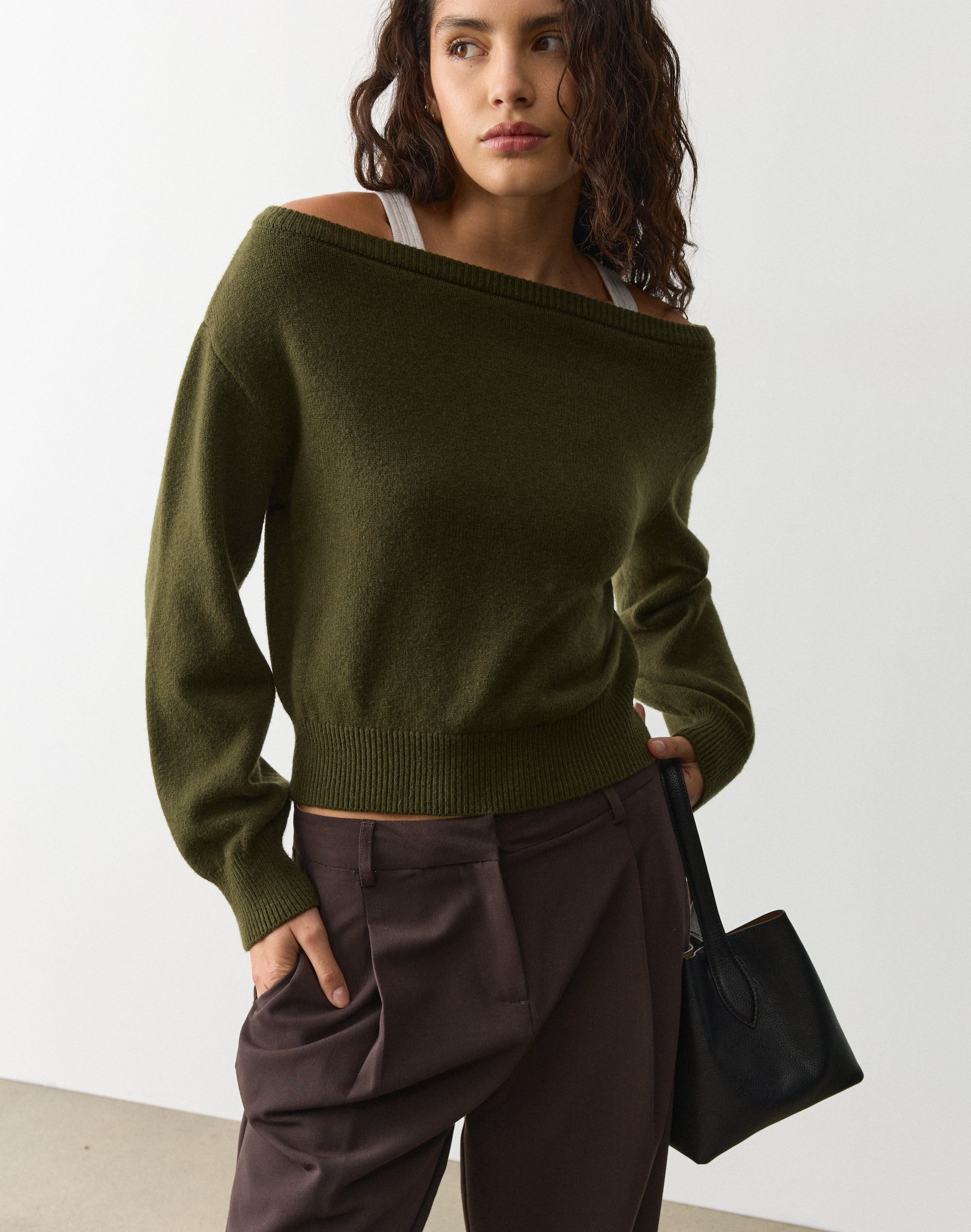 Off Shoulder Knit Top in Mossy Wood | Glassons US