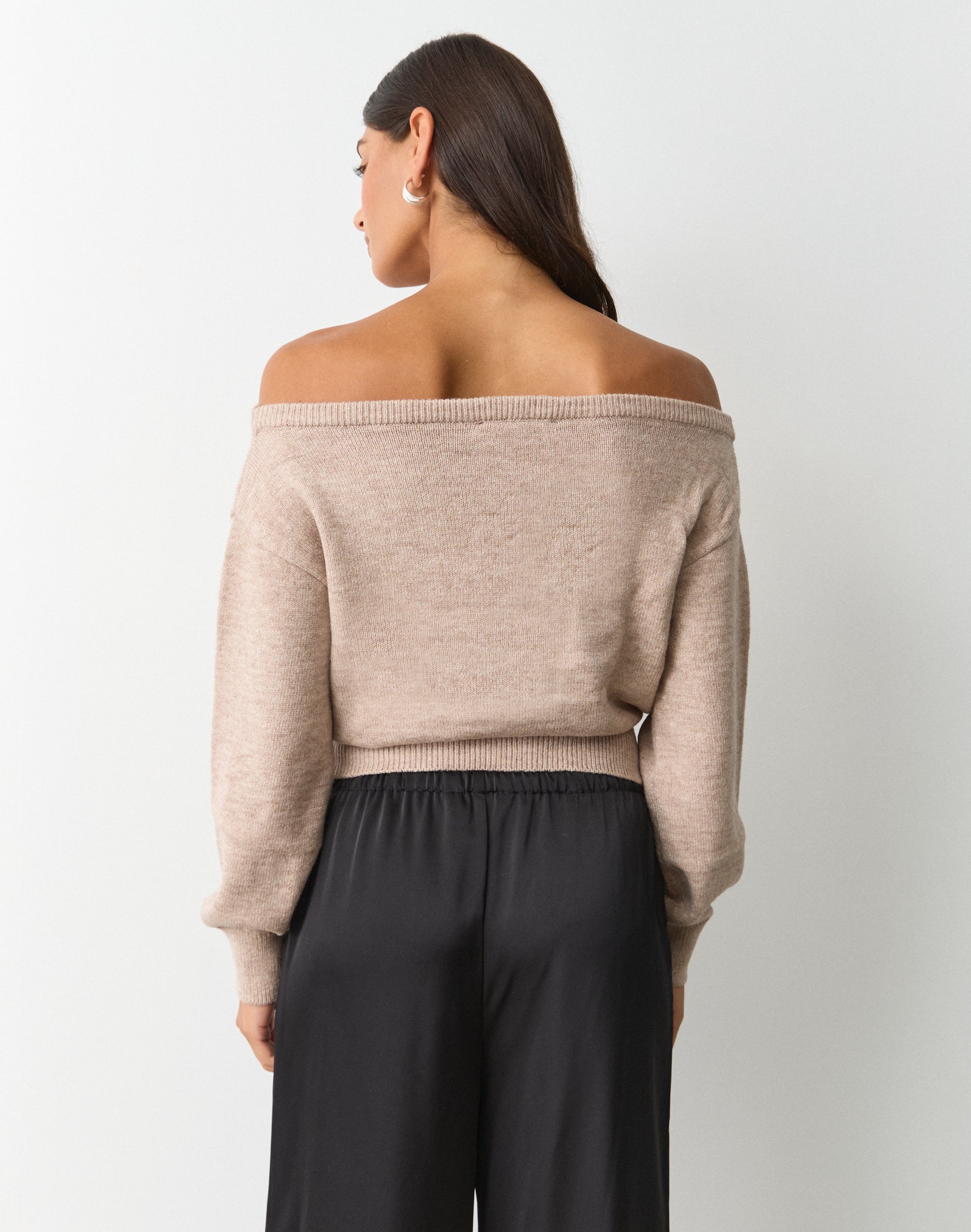 Off Shoulder Long Sleeve Knit Top in Neutral Marle | Glassons AU