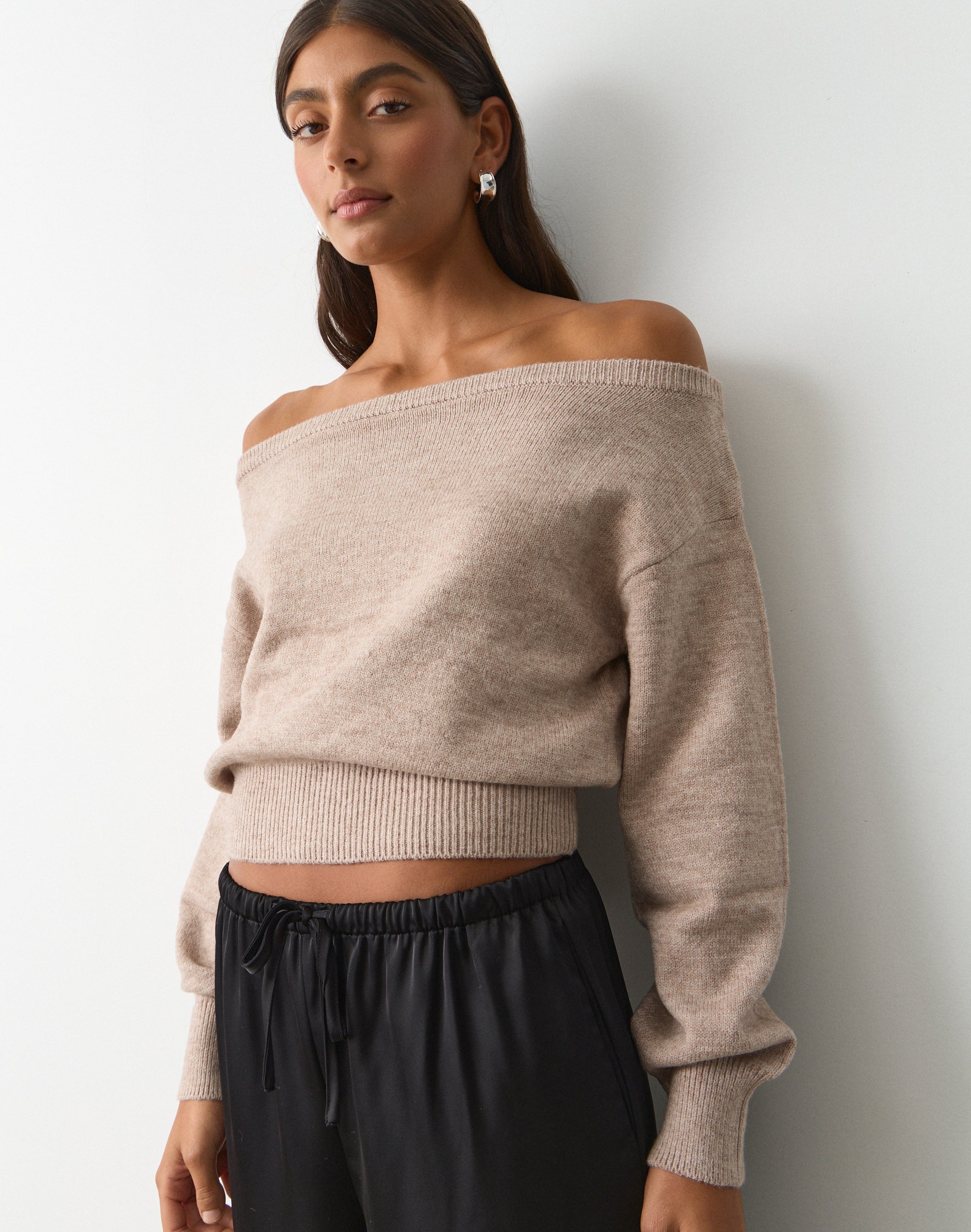 Off Shoulder Long Sleeve Knit Top in Neutral Marle | Glassons US