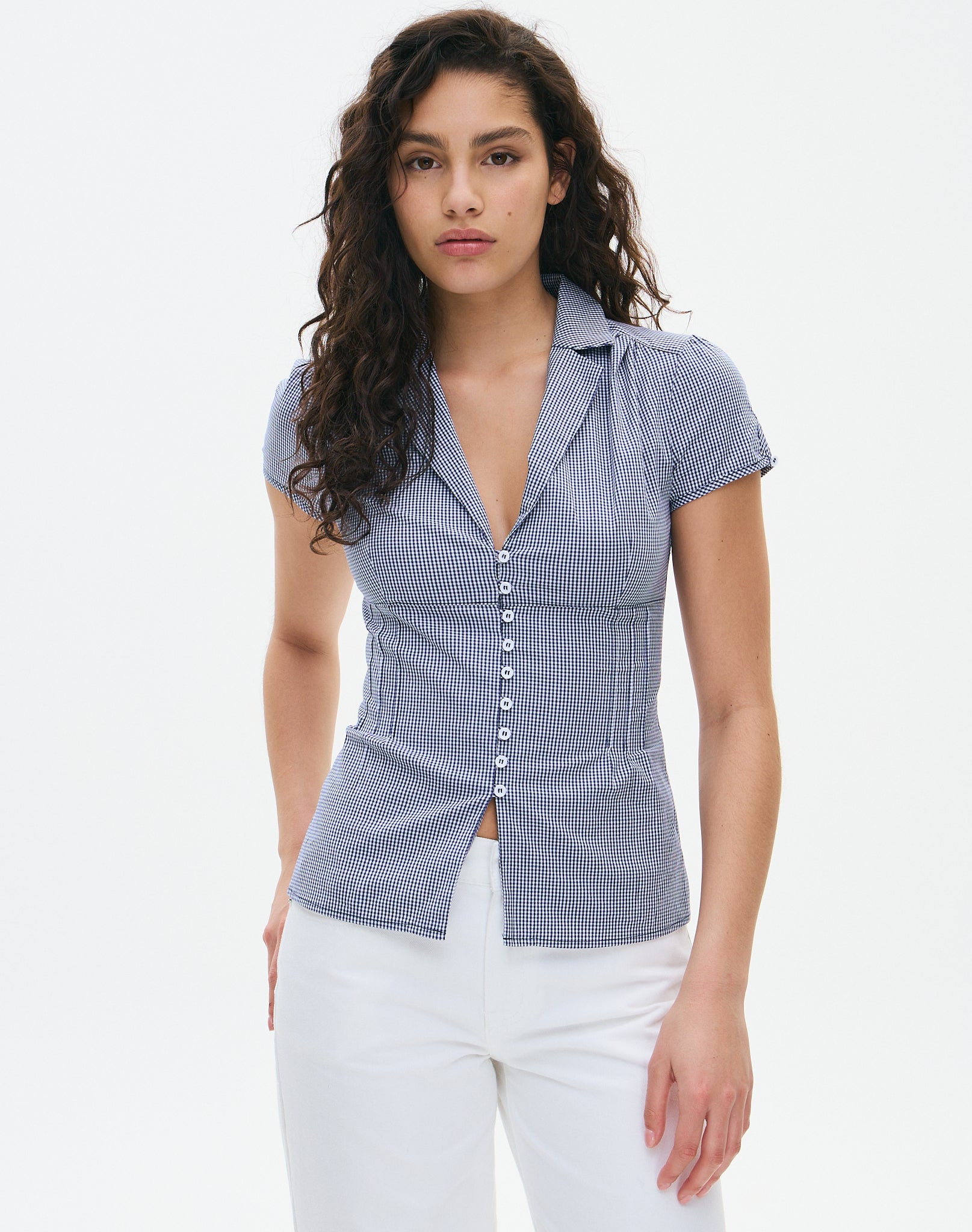 Gingham Cap Sleeve Button Up Blouse in Filly Midnight Ghm