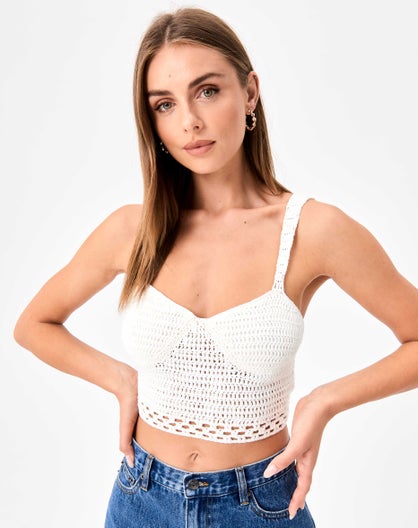 Crochet Lace Up Back Crop Top in White | Glassons