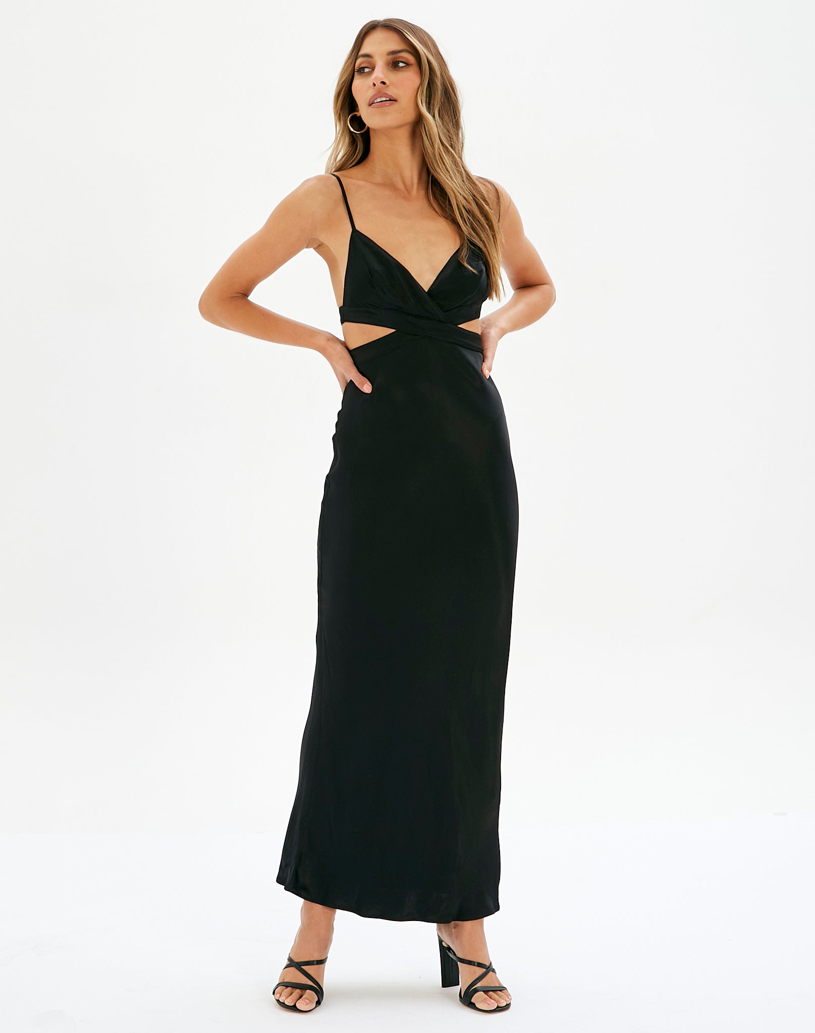 Cut Out Satin Maxi Dress in Black | Glassons