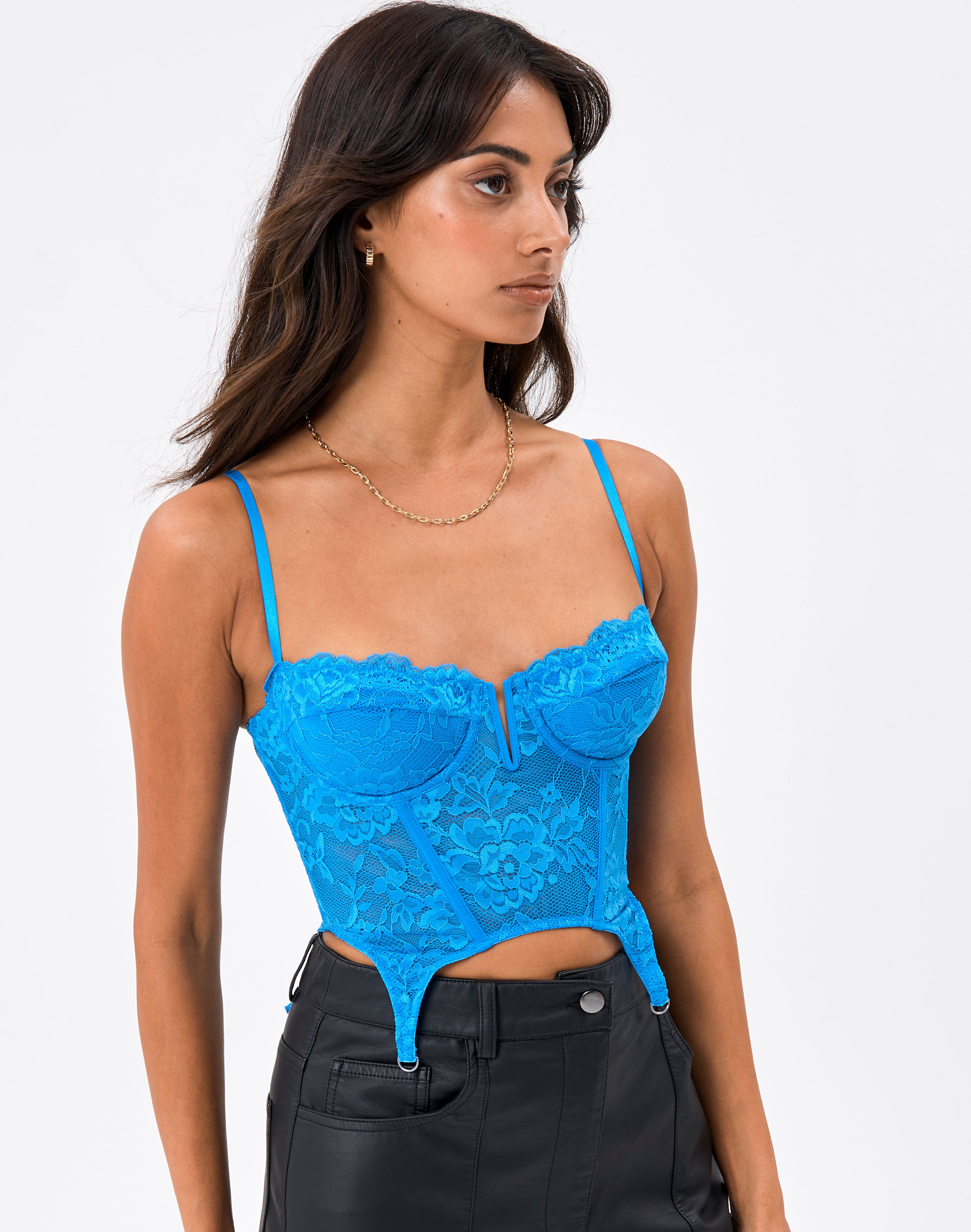 Lace V Front Garter Corset Top in Blue | Glassons