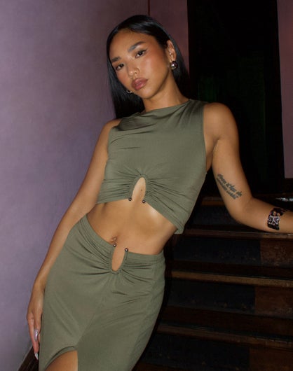 Cut Out Ruched Crop Top in Olive A Twist | Glassons