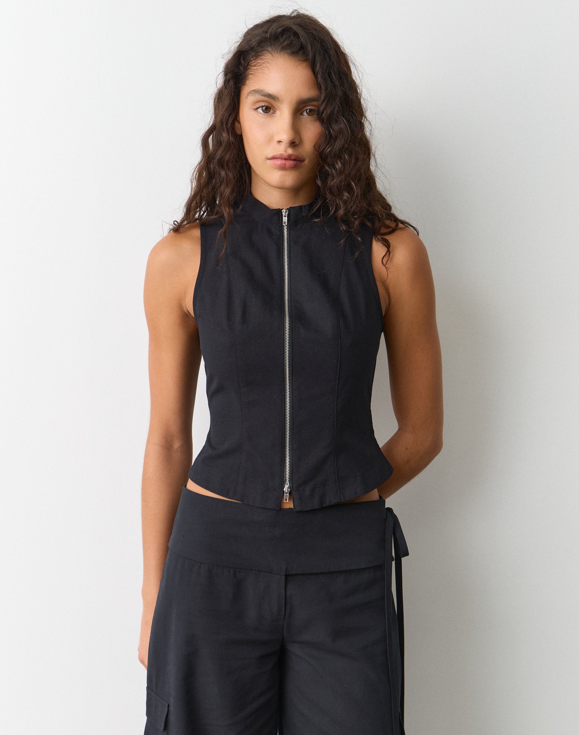 High Neck Zip Through Top in Black | Glassons SG