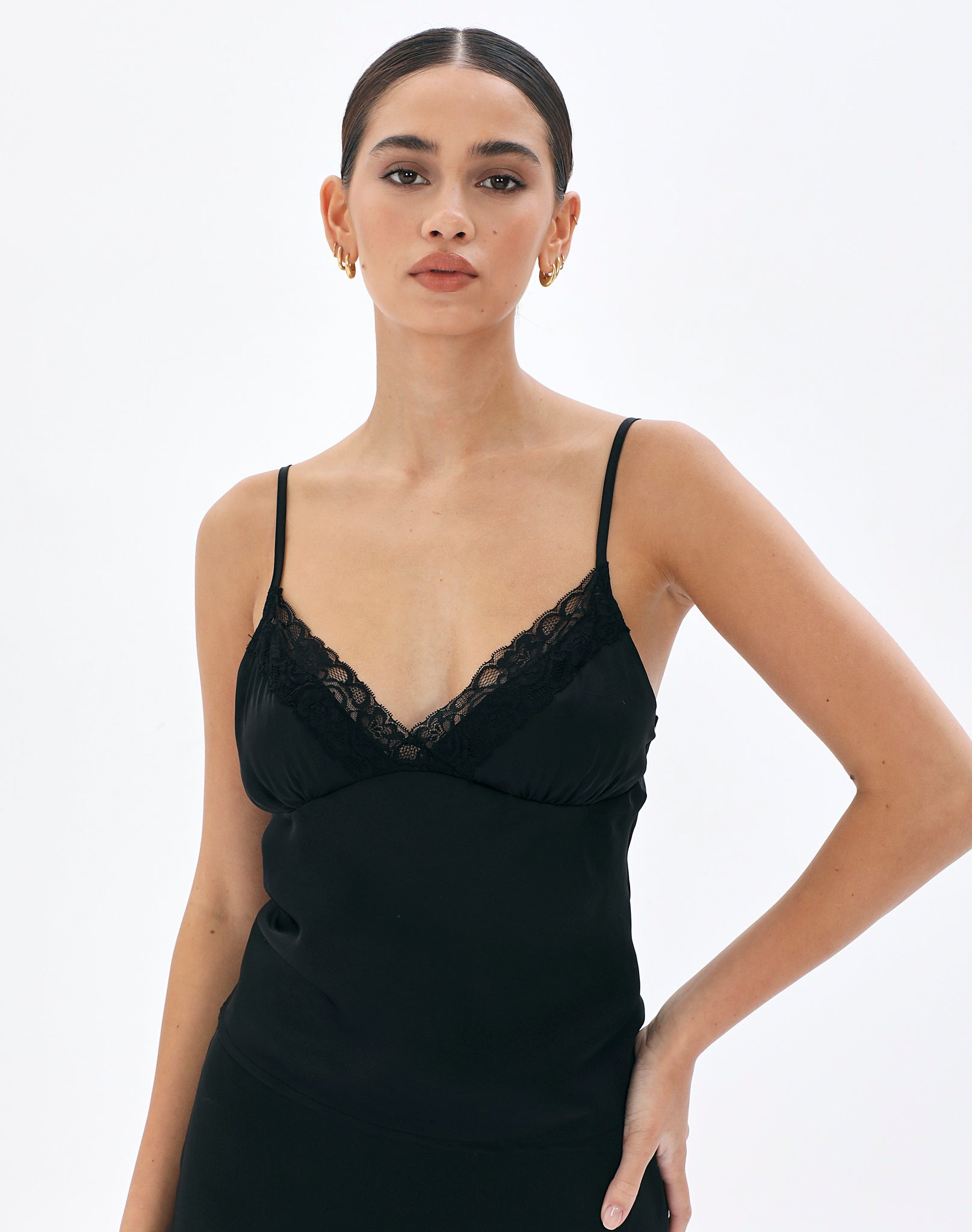 Lace Trim Satin Cami in Black | Glassons