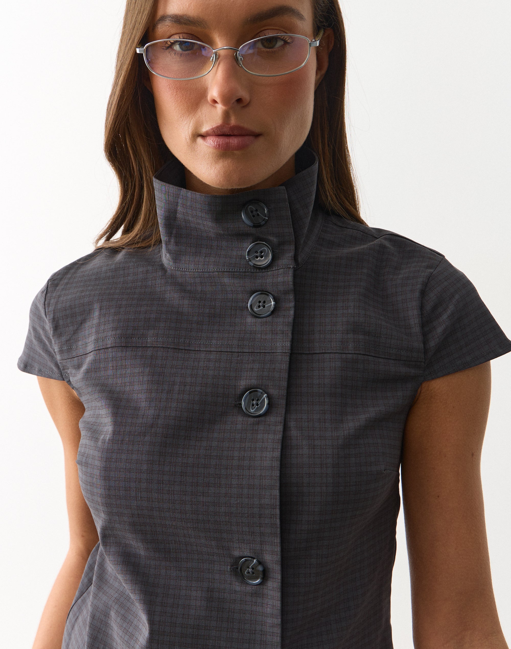 Funnel Neck Button Up Blouse in Obsidian Fudge Remi Check