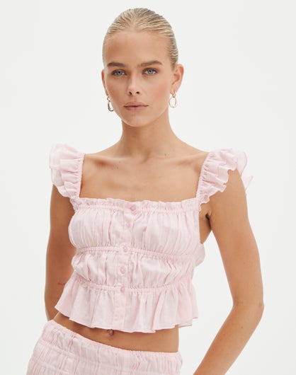 Frill Sleeve Ruched Top in Pink Mochi | Glassons