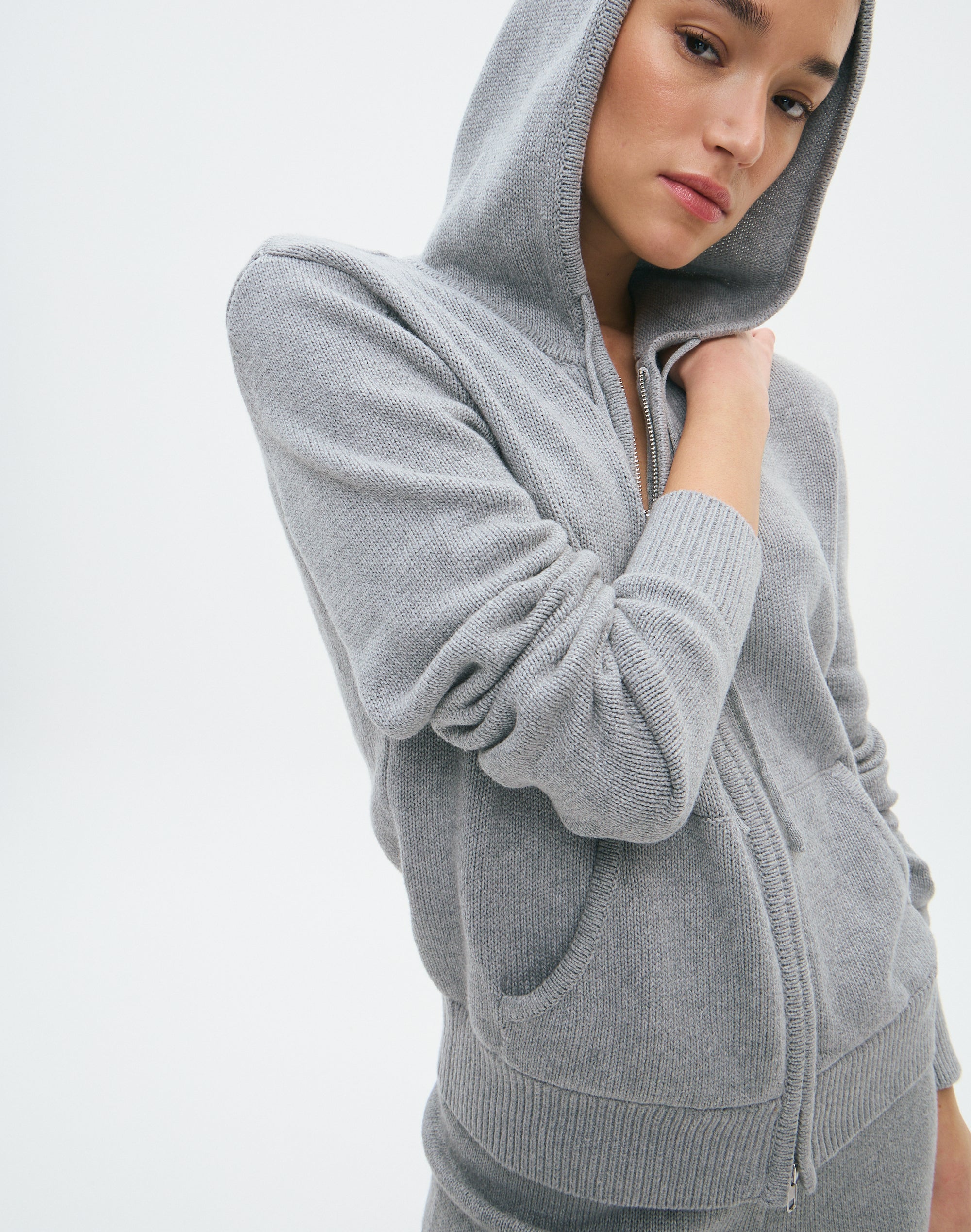 Zip Up Knit Hoodie in Grey Marle Glassons US