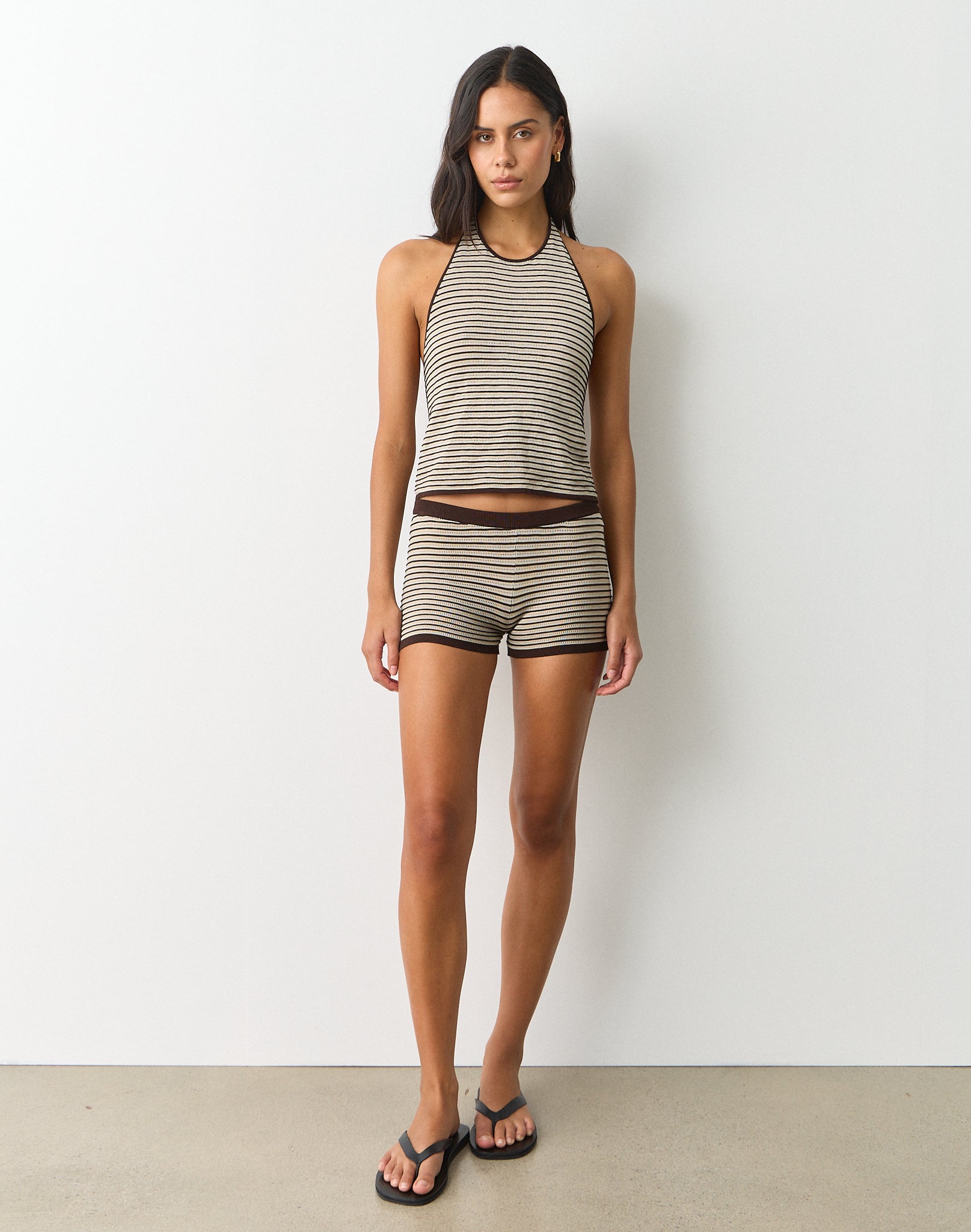 Halter Neck Knit Top in Sand X Fudge Crochet Stripe | Glassons AU