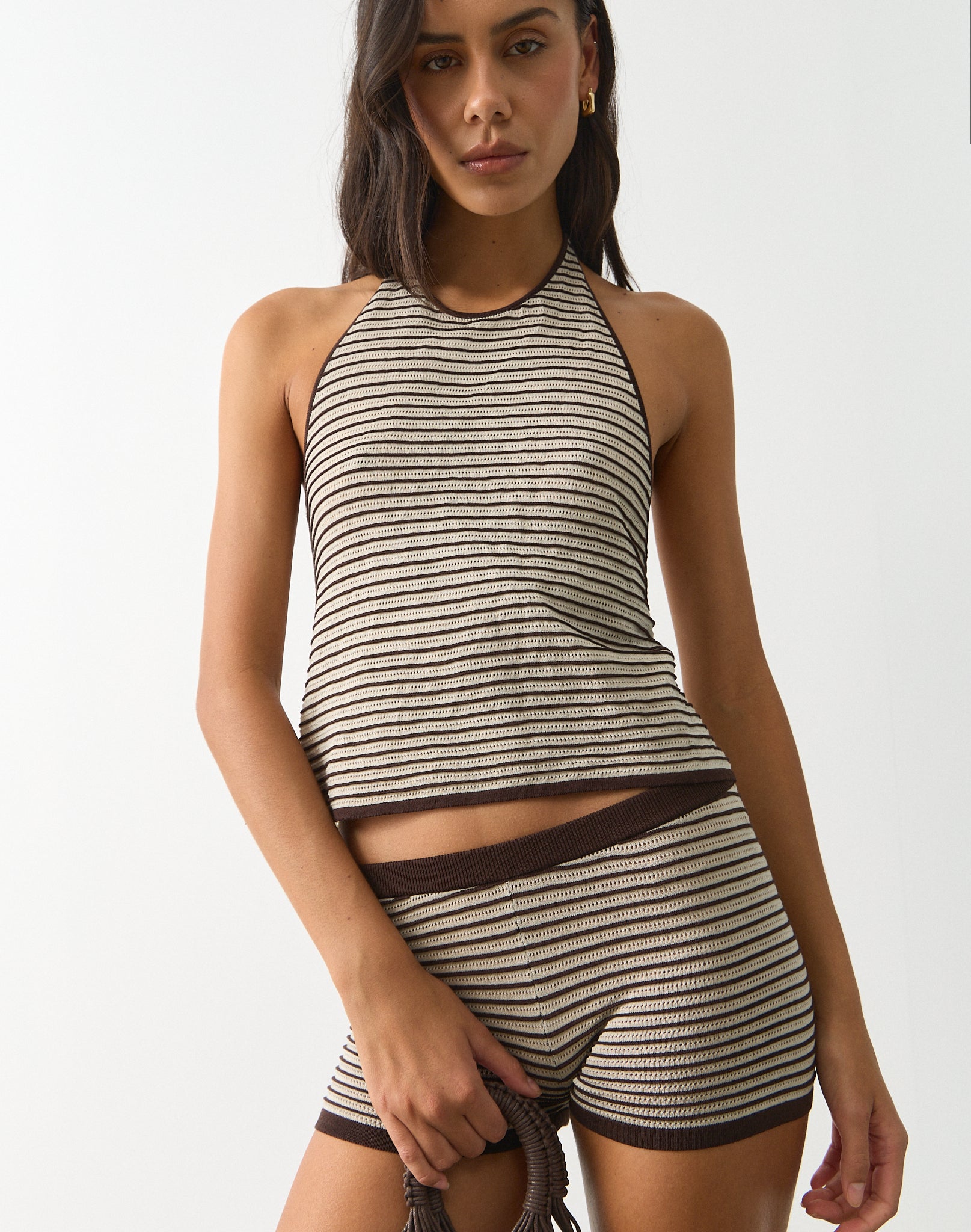 Halter Neck Knit Top in Sand X Fudge Crochet Stripe | Glassons AU