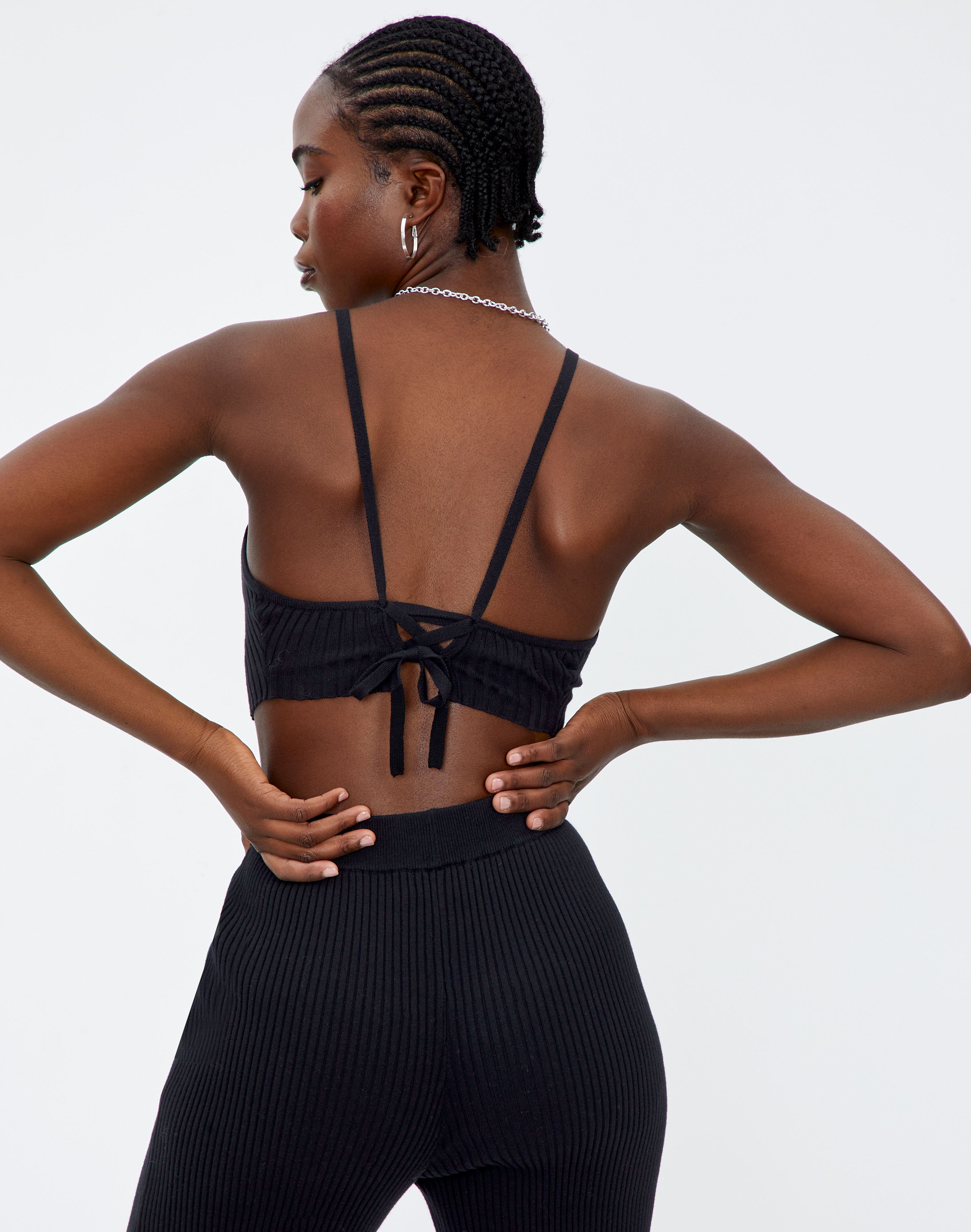 Tie Back Rib Knit Tank in Black | Glassons