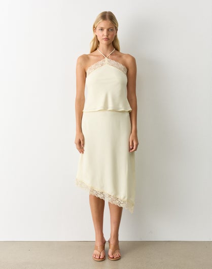 Asymmetrical Lace Trim Midi Skirt