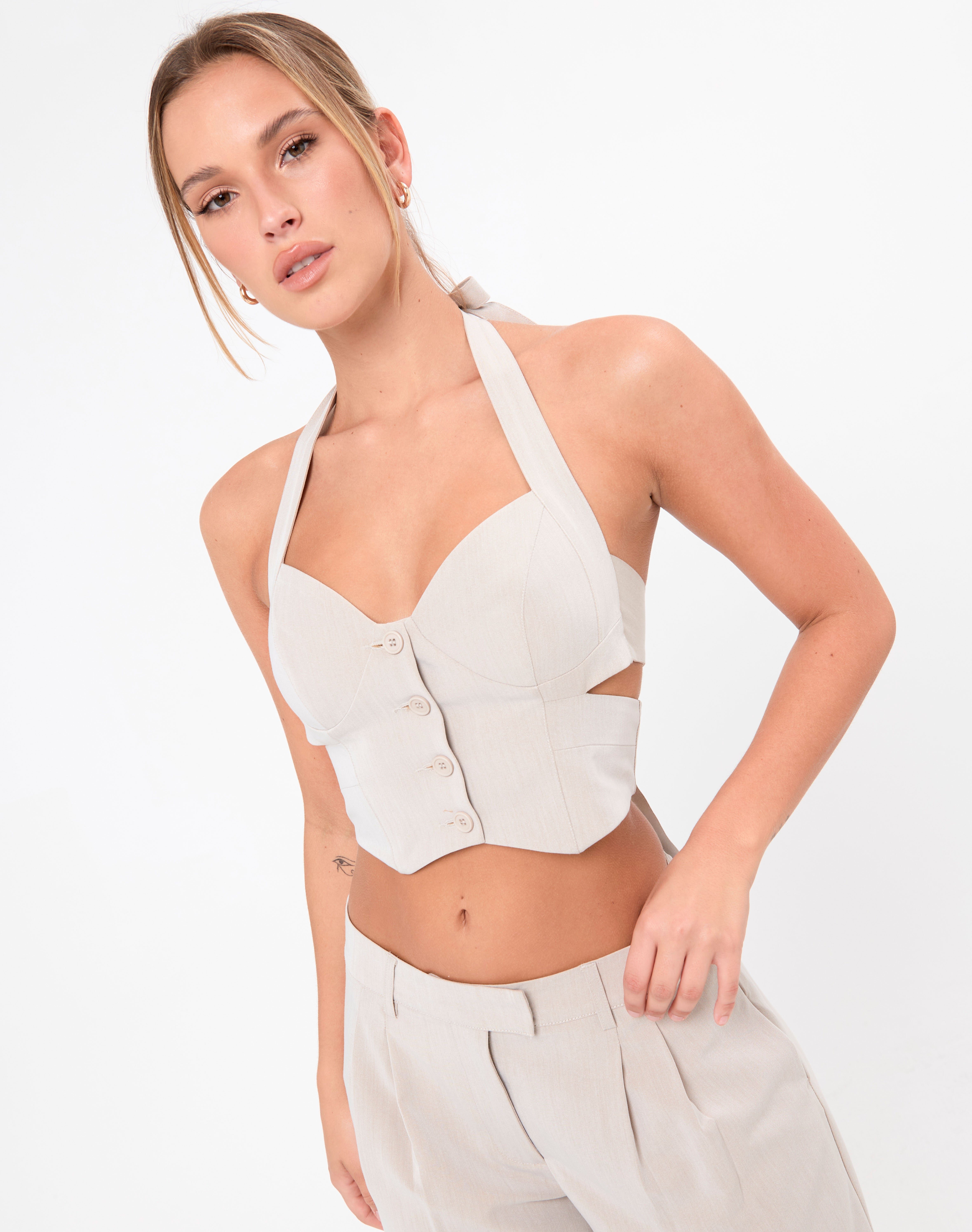 Button Down Halter Vest Top in Beige 