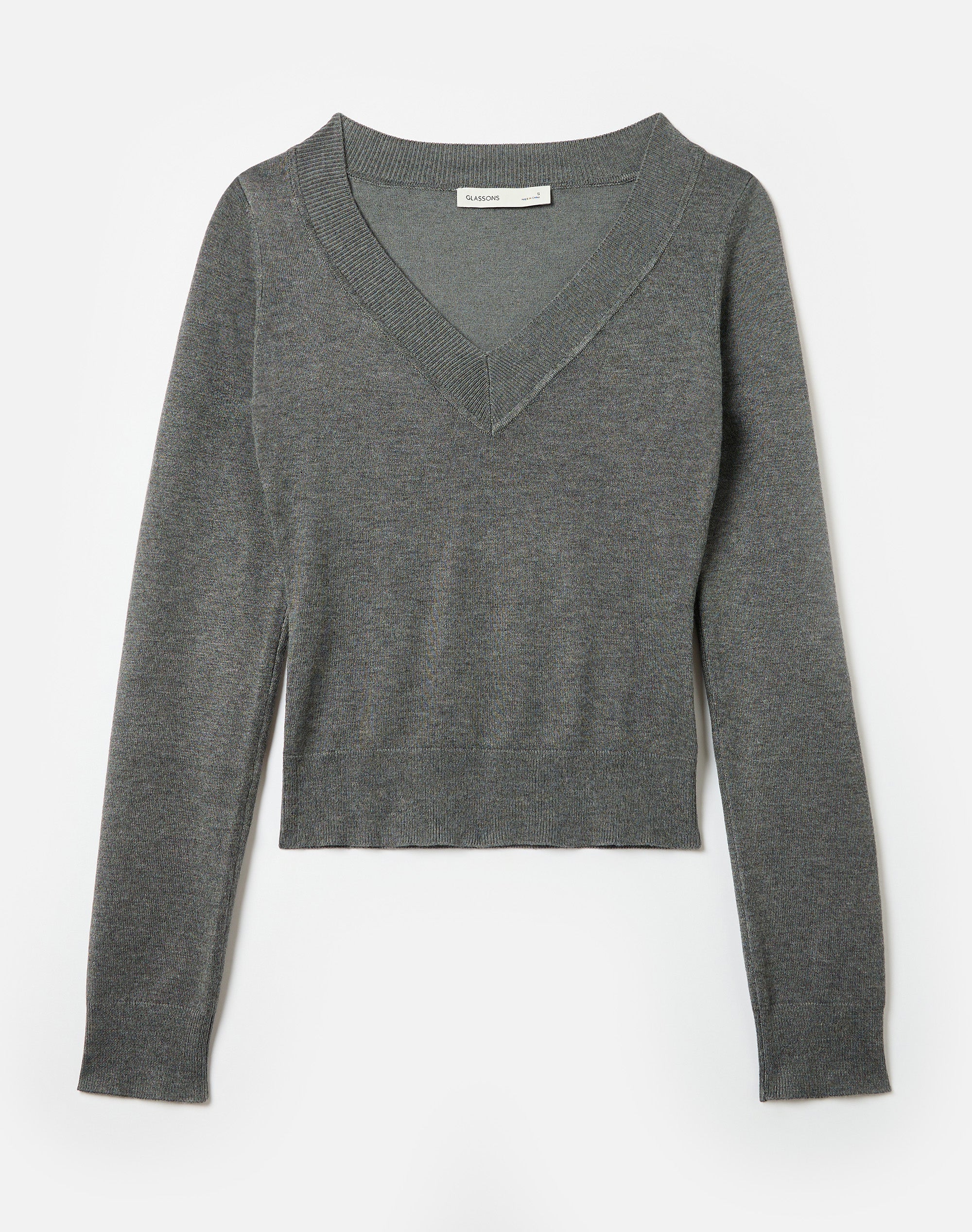 V Neck Knit Long Sleeve Top in Dark Grey Marle | Glassons US