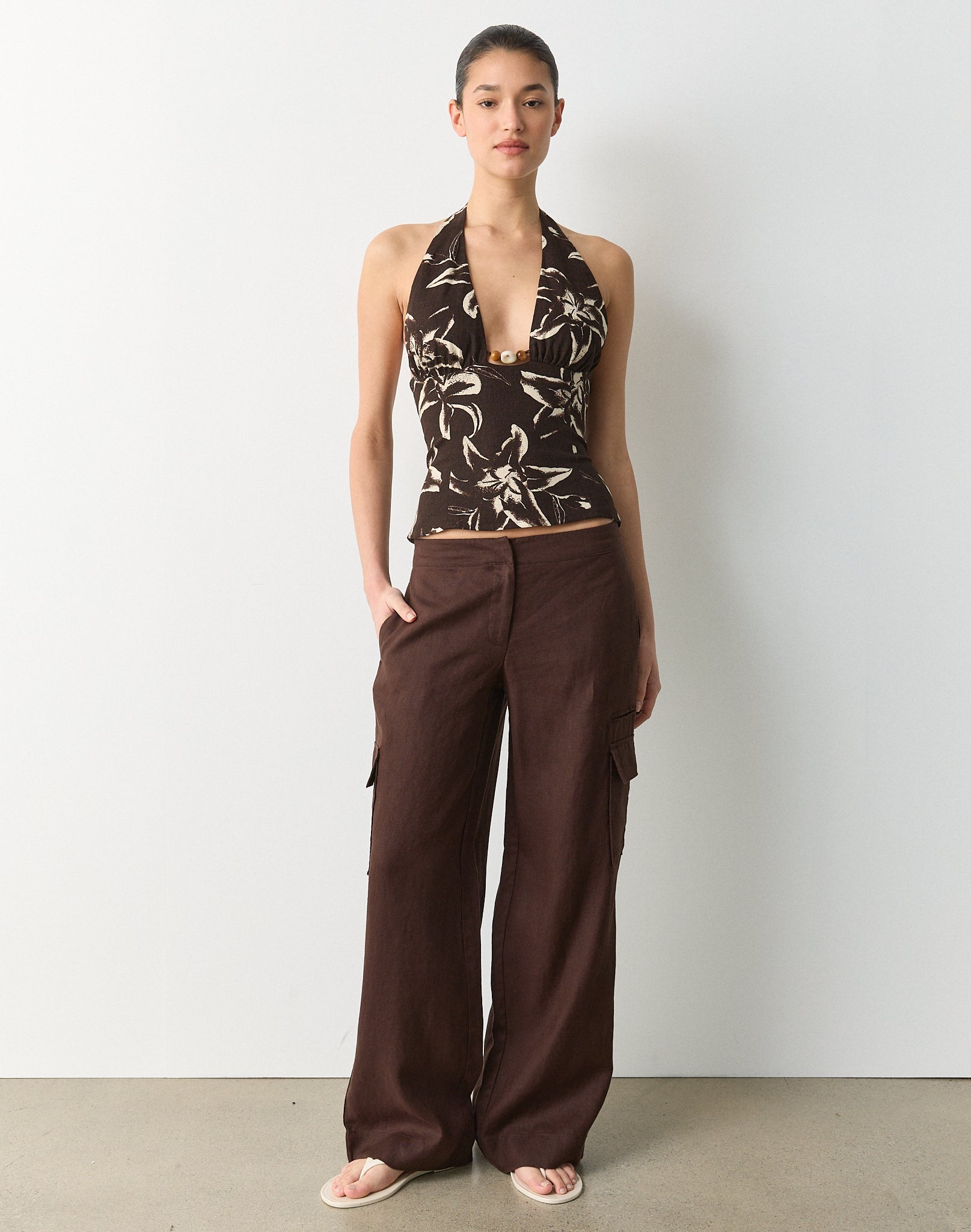 Linen Blend Bead Trim Halter Top in Fudge Pearl Lily Glassons AU