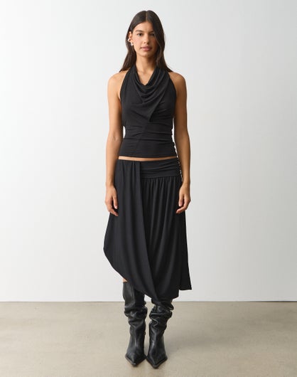 Low Rise Draped Midi Skirt