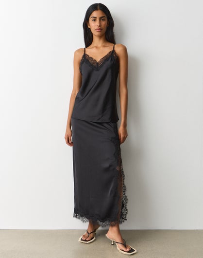 Satin Lace Trim Maxi Skirt