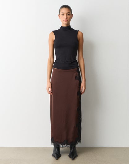 Satin Lace Trim Maxi Skirt