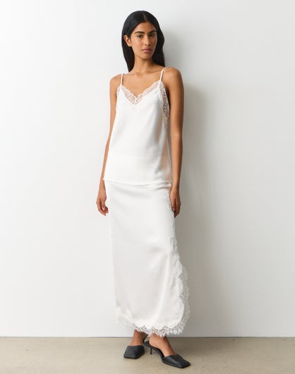 Satin Lace Trim Maxi Skirt