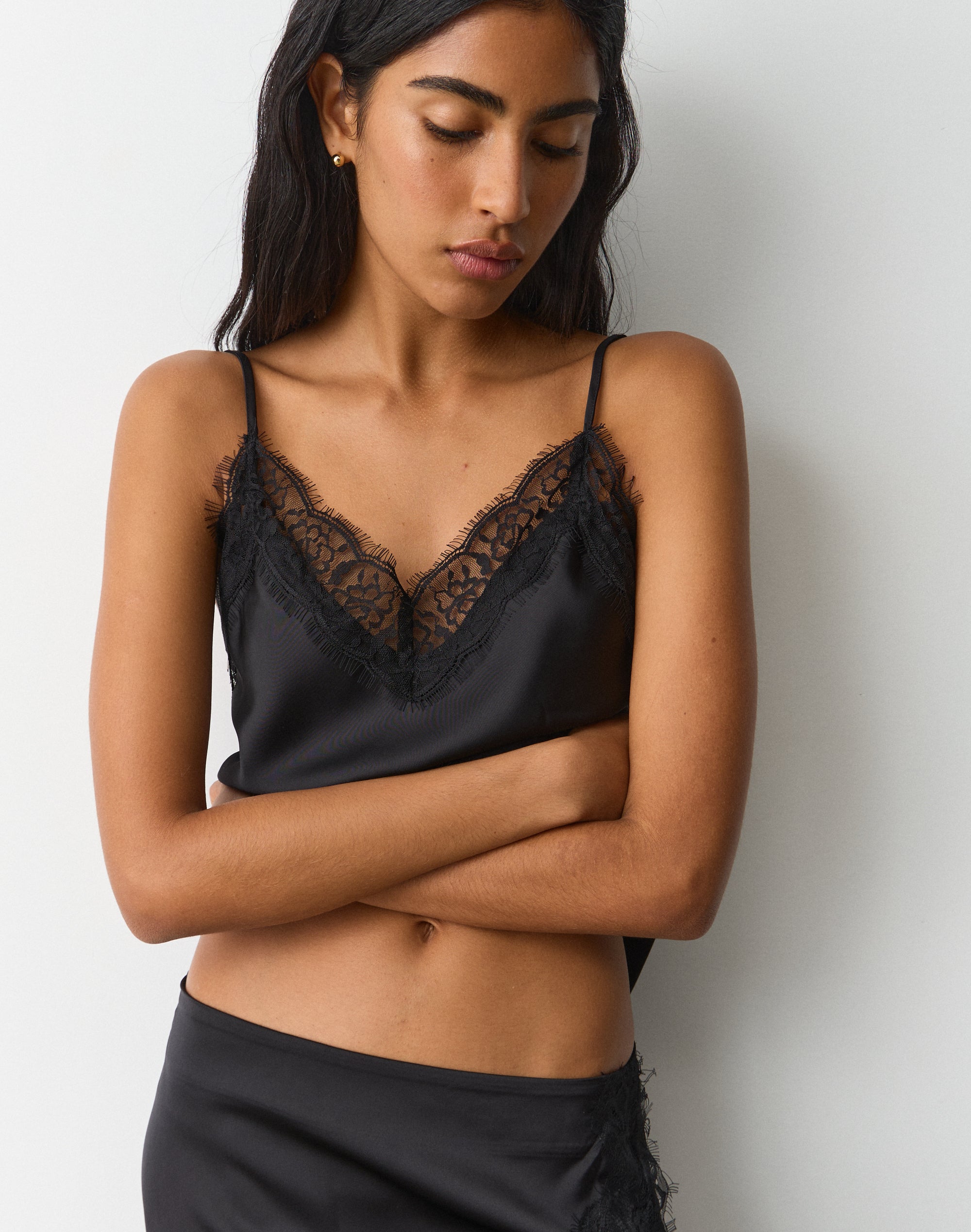 Lace Trim Satin Cami in Black X Black | Glassons US