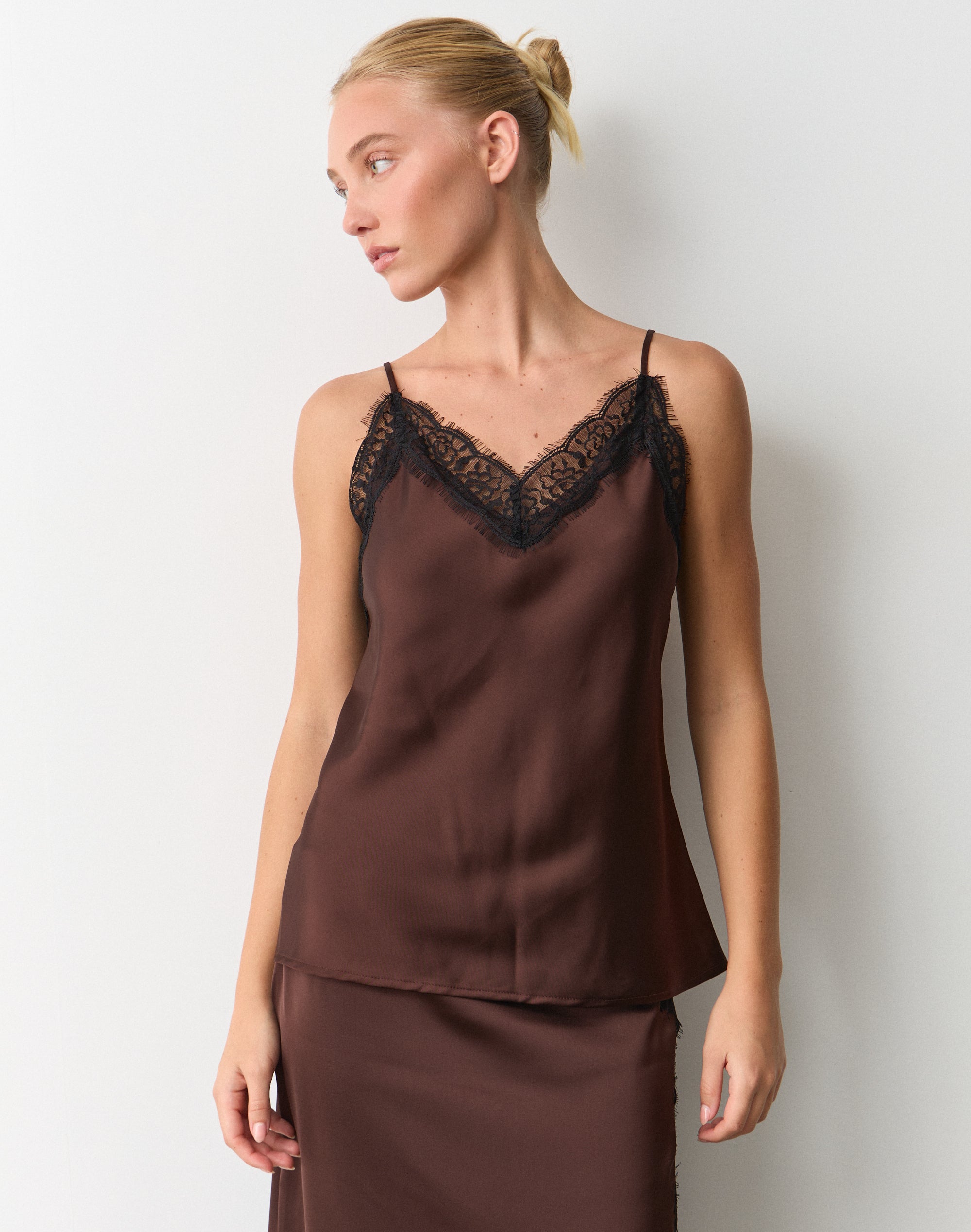 Satin Lace Trim Cami in Fudge X Fudge | Glassons US