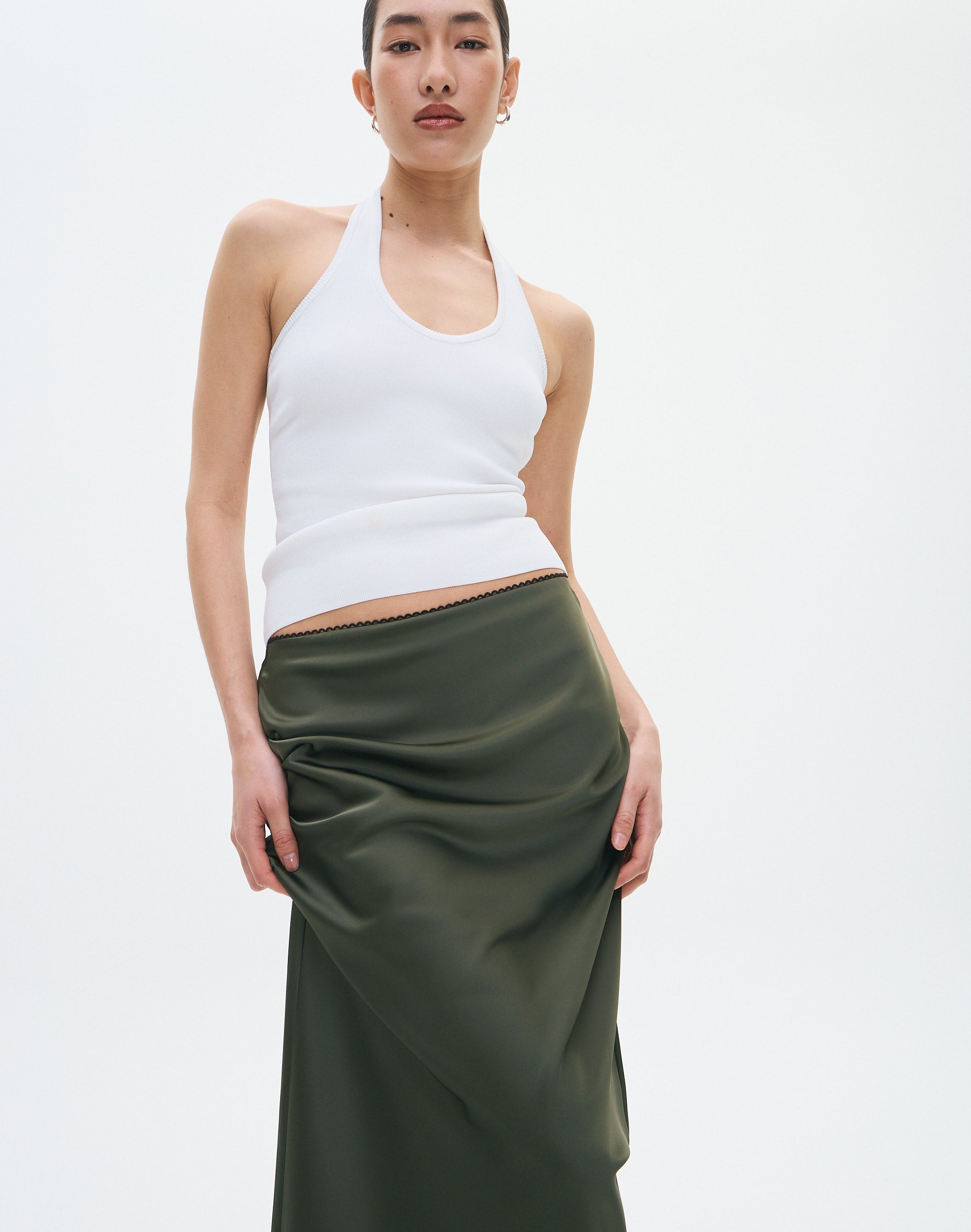 Picot Trim Satin Maxi Skirt in Mossy Wood Glassons