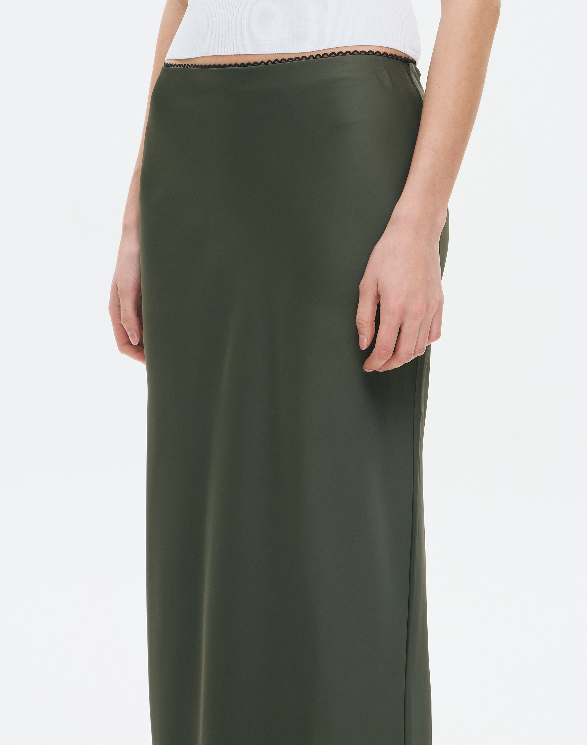 Picot Trim Satin Maxi Skirt in Mossy Wood | Glassons