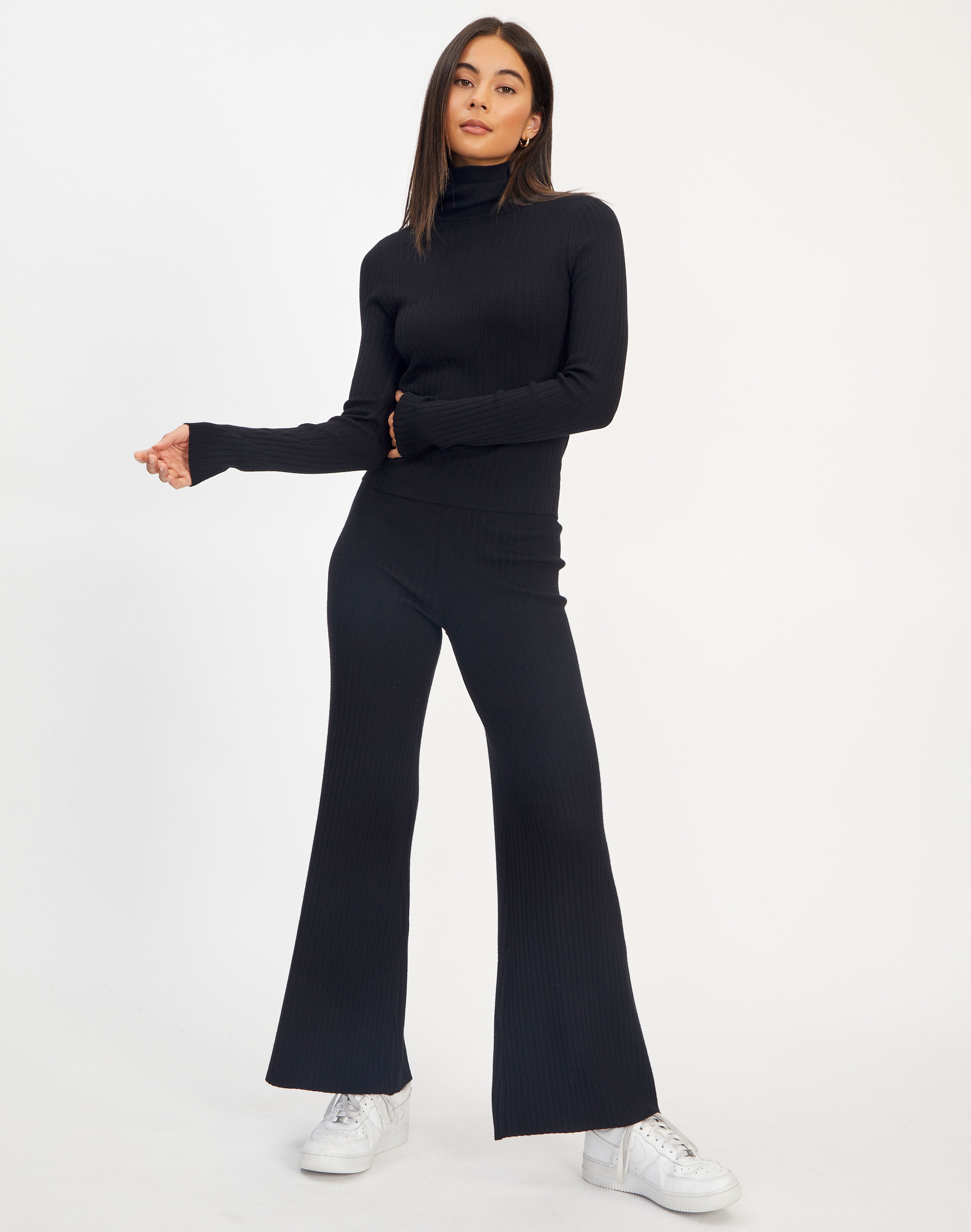 Recycled Ribbed Wide Leg Pant in Black 